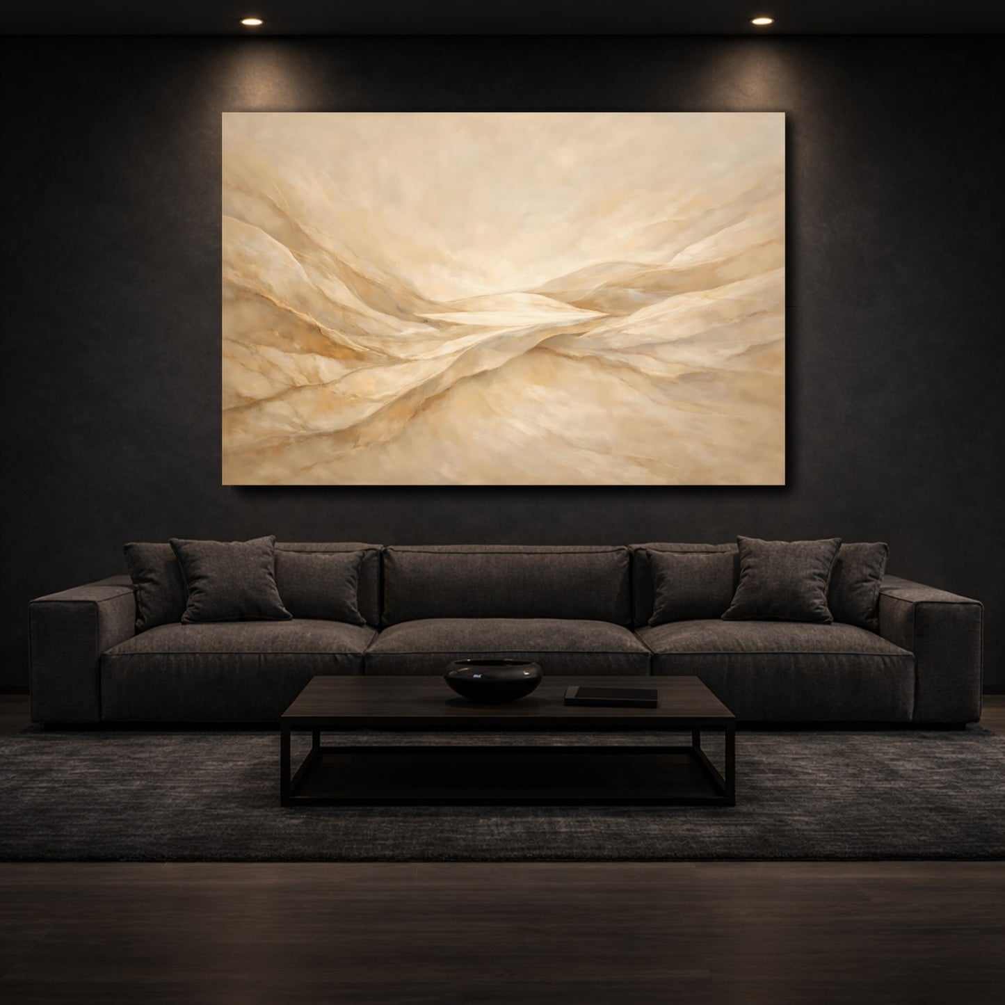Mockup 2. Nature Abstract Dunes Gold And Beige shown as stretched canvas wall art