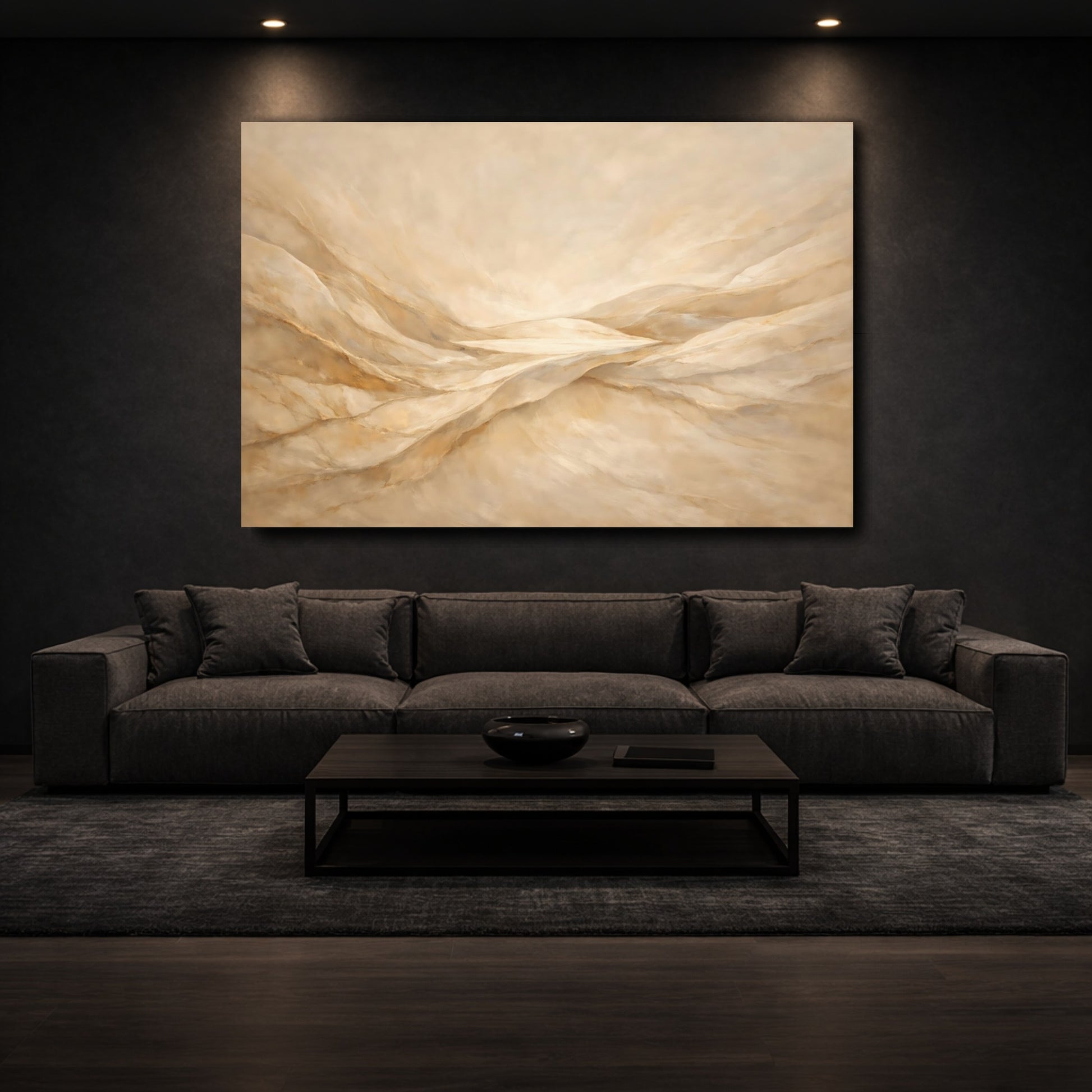 Mockup 2. Nature Abstract Dunes Gold And Beige shown as stretched canvas wall art