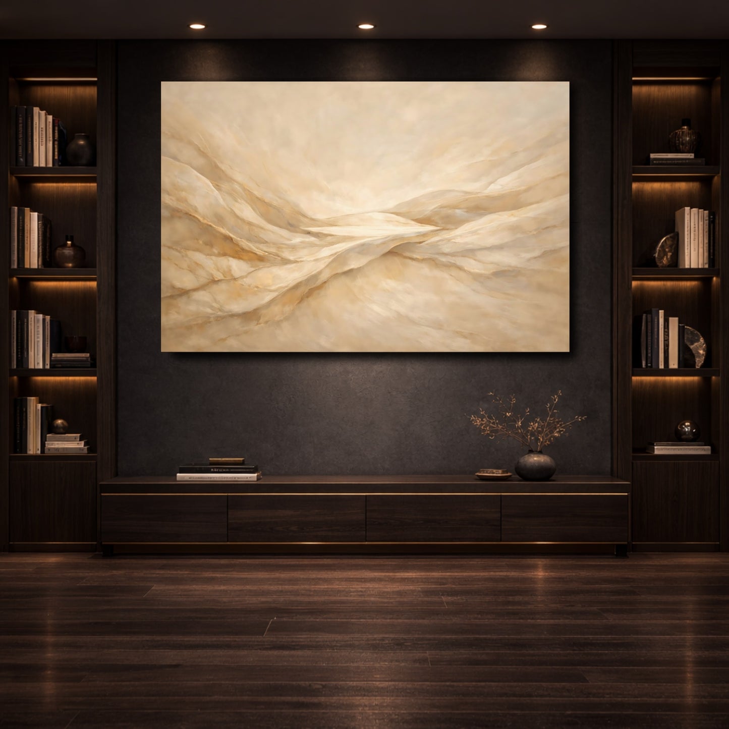 Mockup 3. Nature Abstract Dunes Gold And Beige shown as stretched canvas wall art