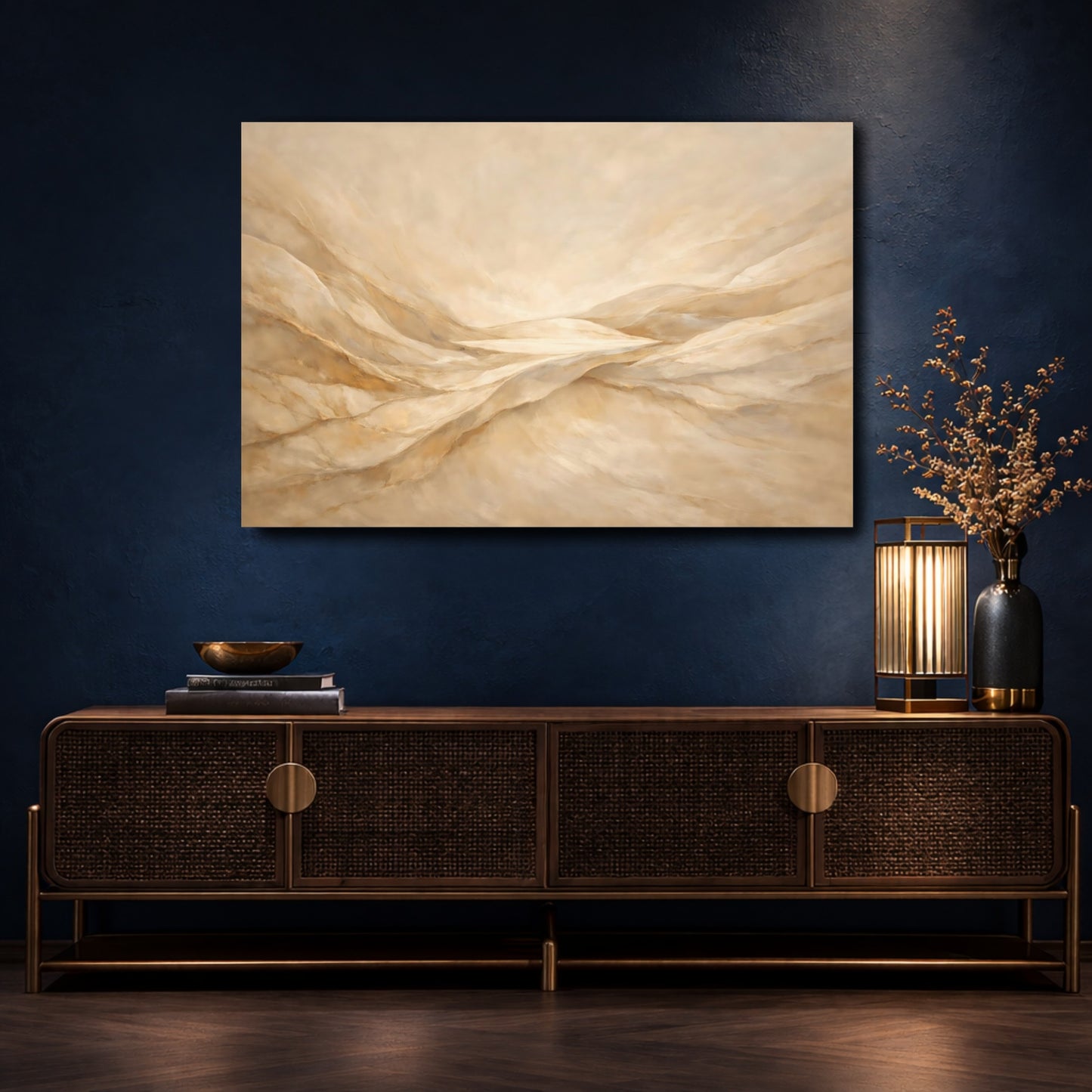 Mockup 4. Nature Abstract Dunes Gold And Beige shown as stretched canvas wall art