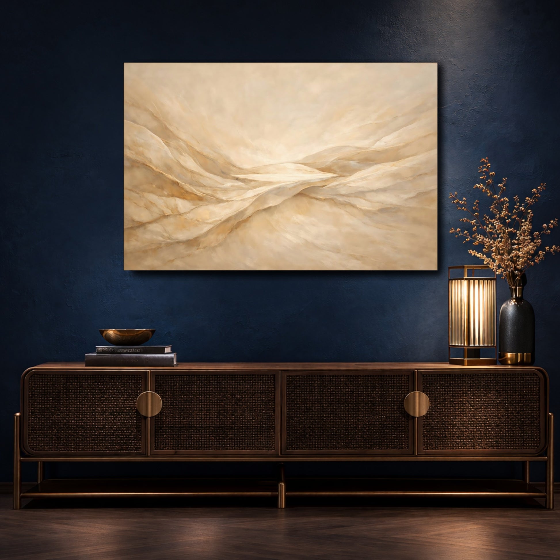 Mockup 4. Nature Abstract Dunes Gold And Beige shown as stretched canvas wall art
