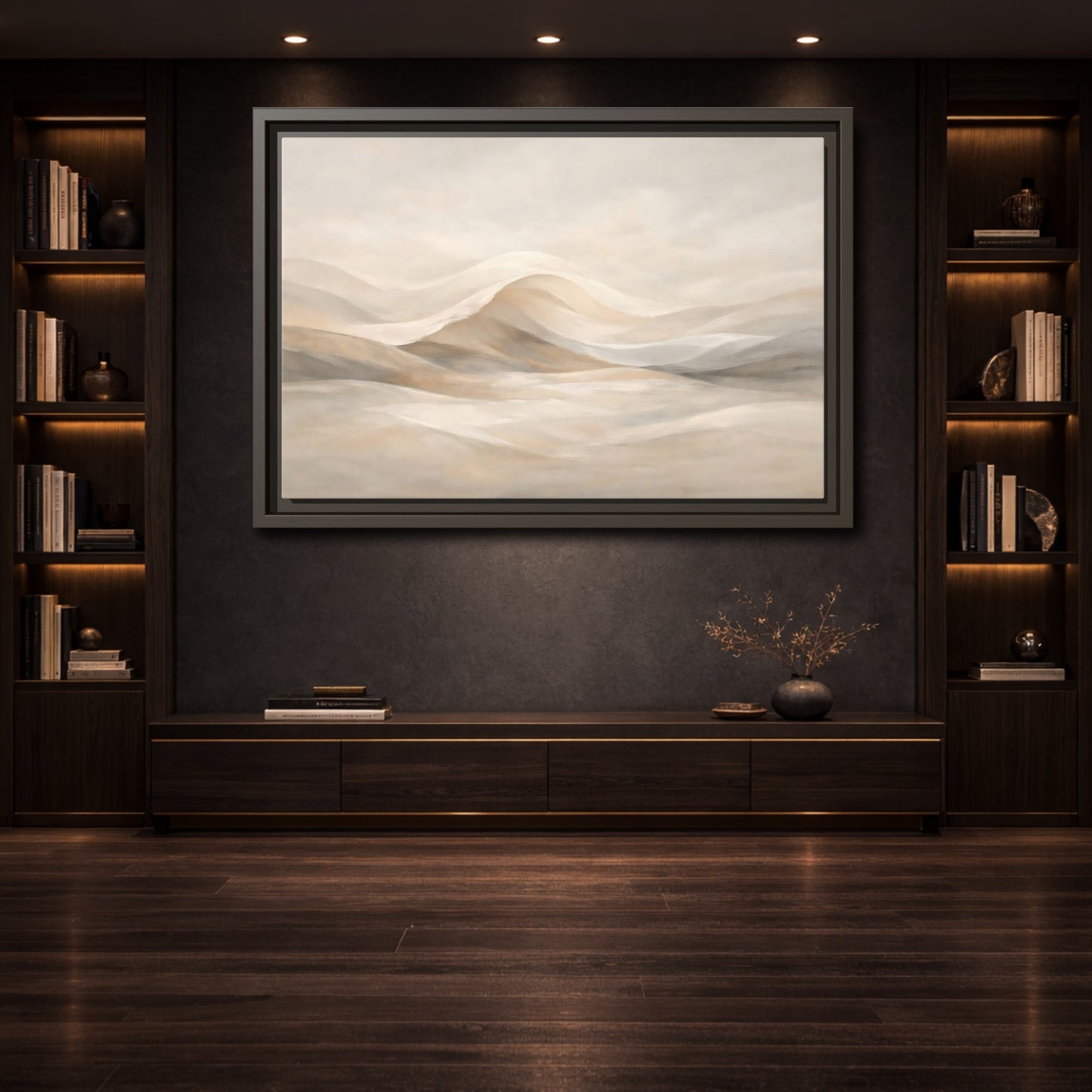 Mockup 3. Nature Abstract Dunes Neutral Abstract shown as stretched canvas wall art