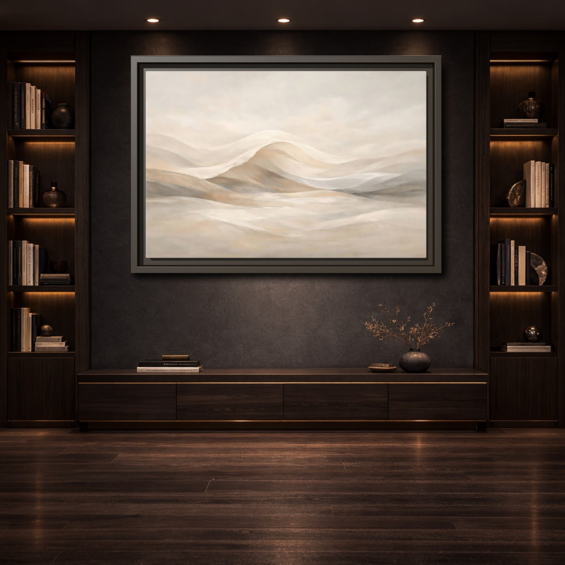Mockup 3. Nature Abstract Dunes Neutral Abstract shown as stretched canvas wall art