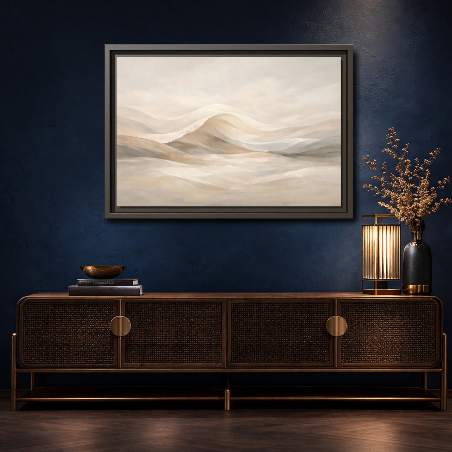 Mockup 4. Nature Abstract Dunes Neutral Abstract shown as stretched canvas wall art