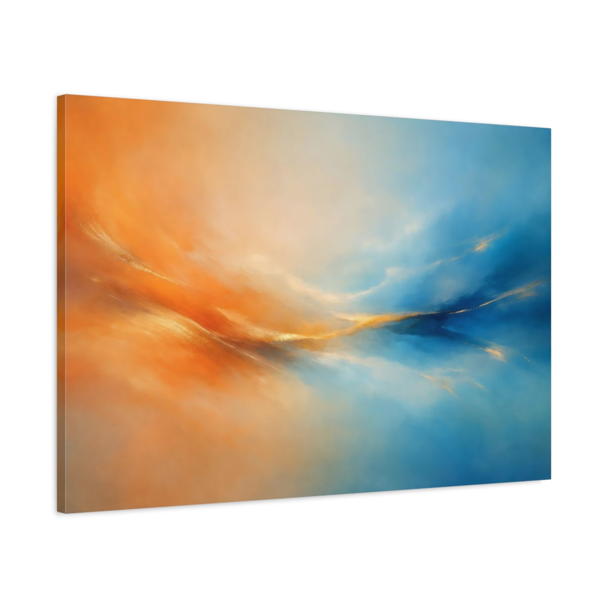 Side Mockup 1. Nature Abstract Flow Orange Blue Gold shown as stretched canvas wall art