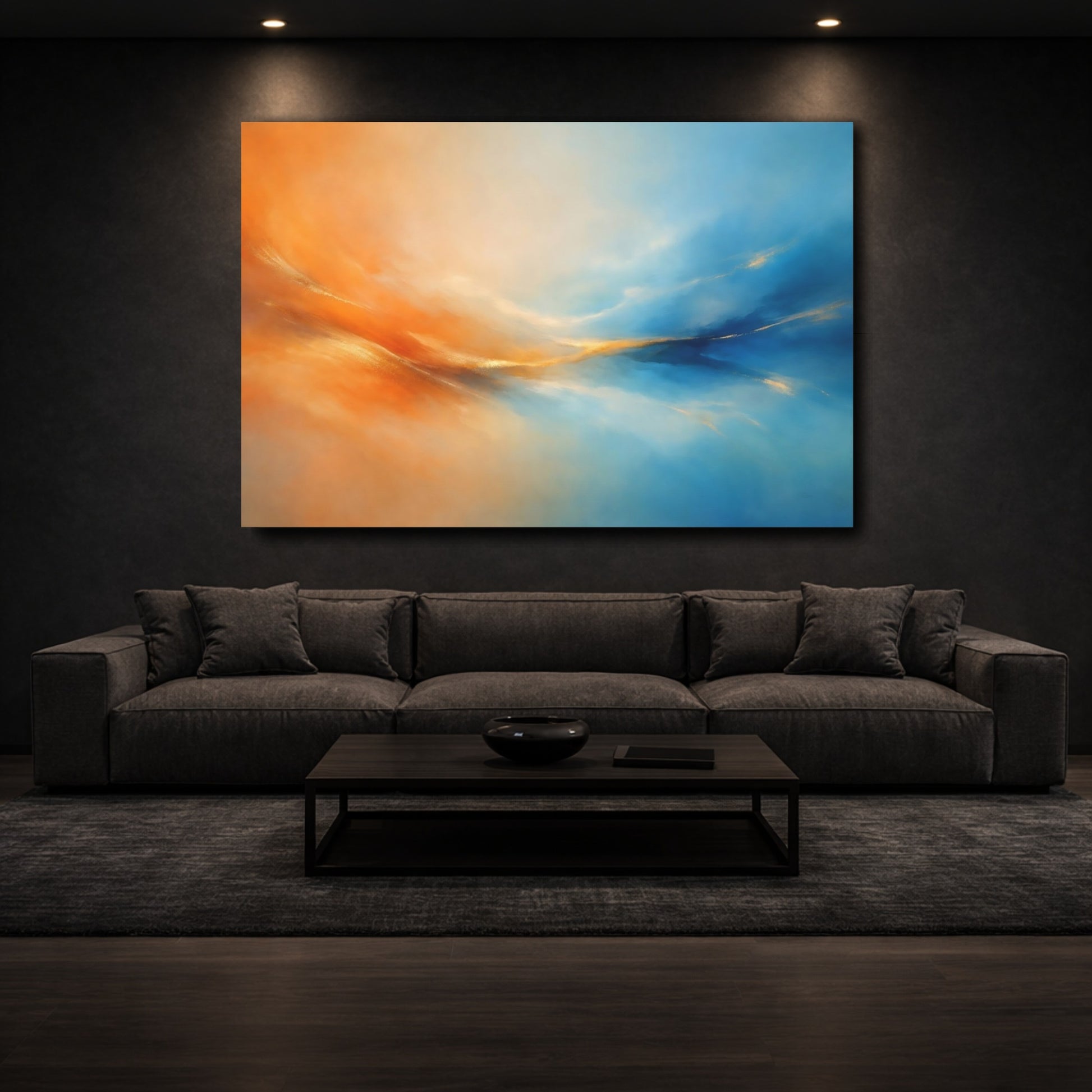 Mockup 2. Nature Abstract Flow Orange Blue Gold shown as stretched canvas wall art