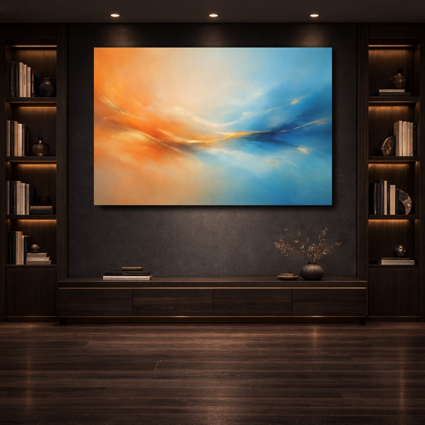 Mockup 3. Nature Abstract Flow Orange Blue Gold shown as stretched canvas wall art
