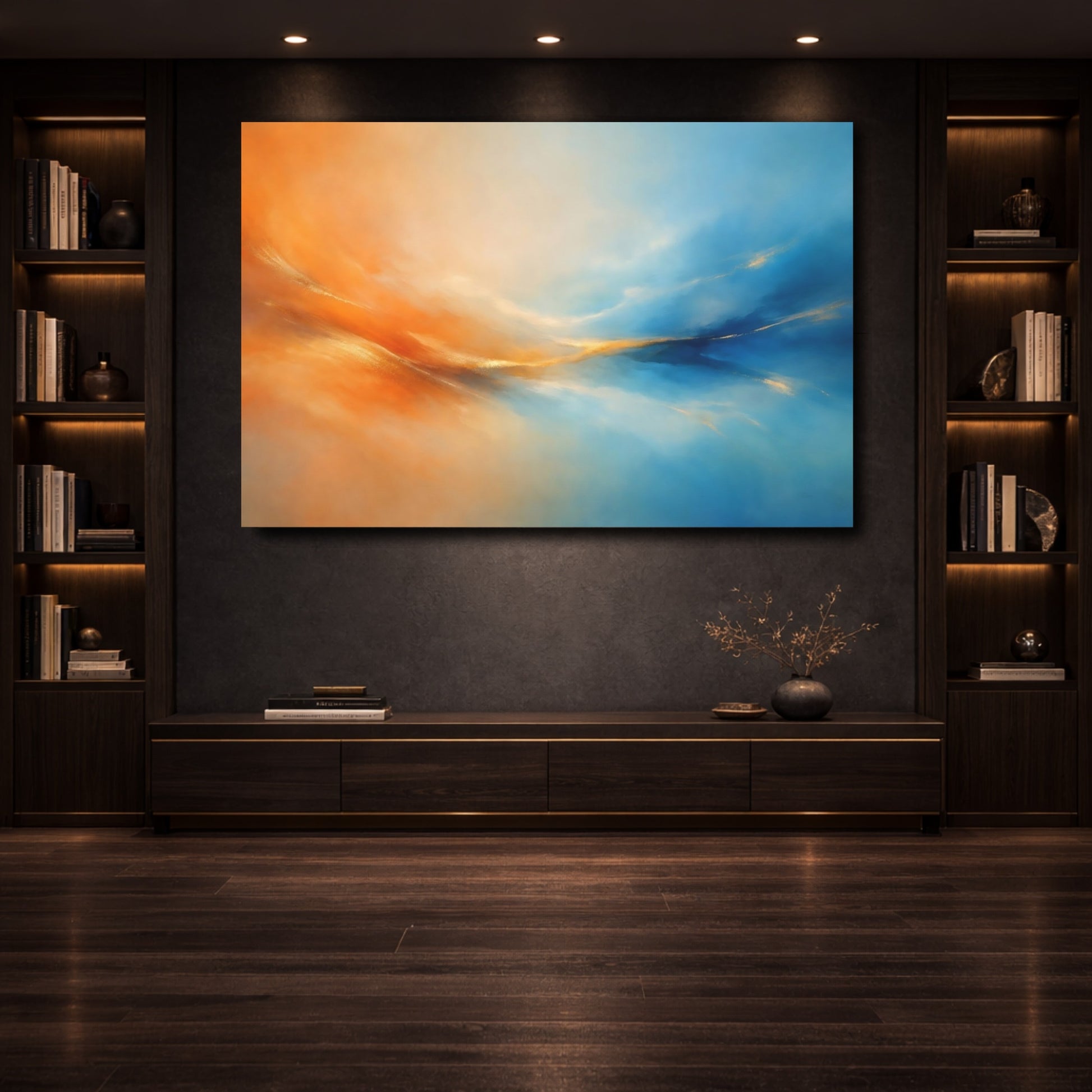 Mockup 3. Nature Abstract Flow Orange Blue Gold shown as stretched canvas wall art
