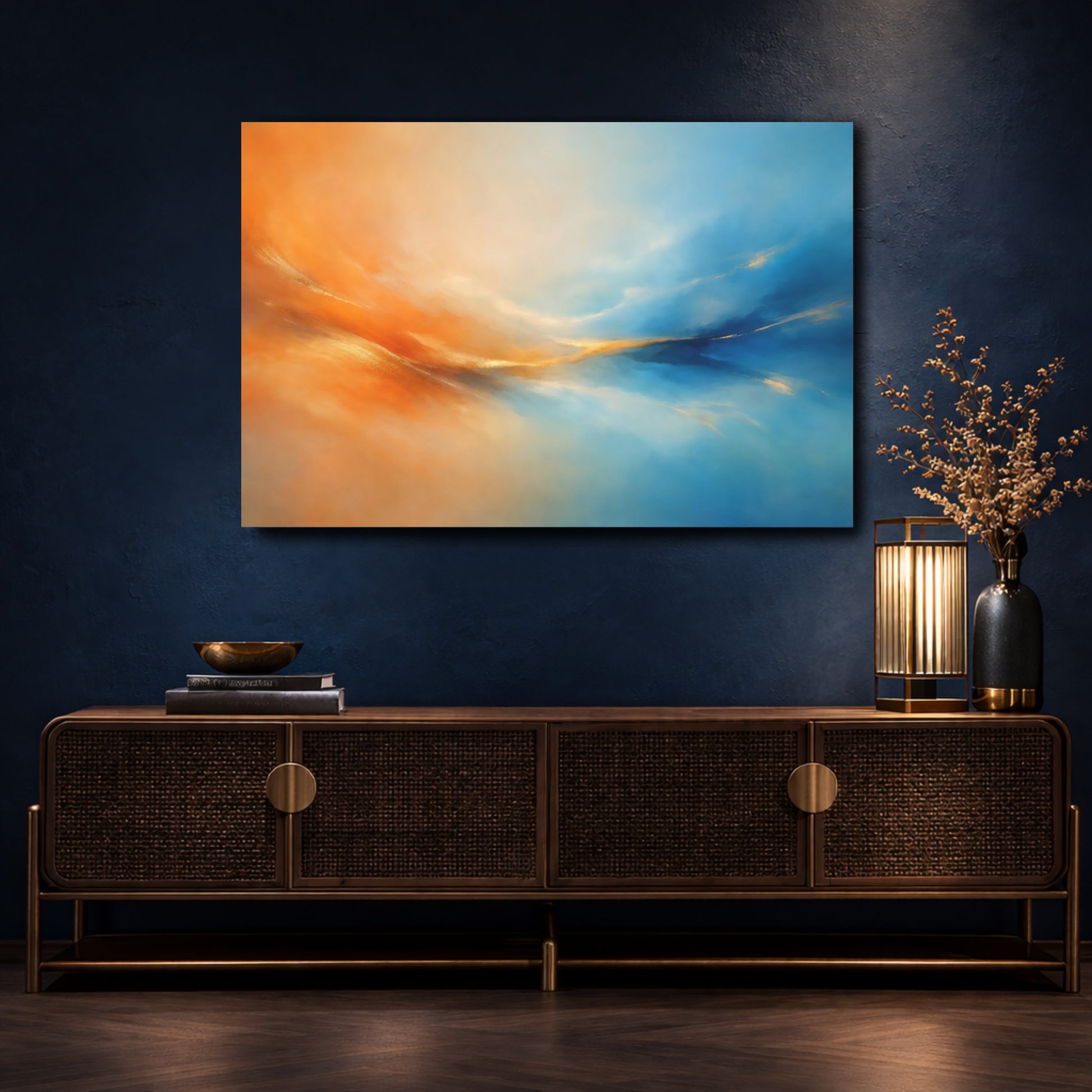 Mockup 4. Nature Abstract Flow Orange Blue Gold shown as stretched canvas wall art