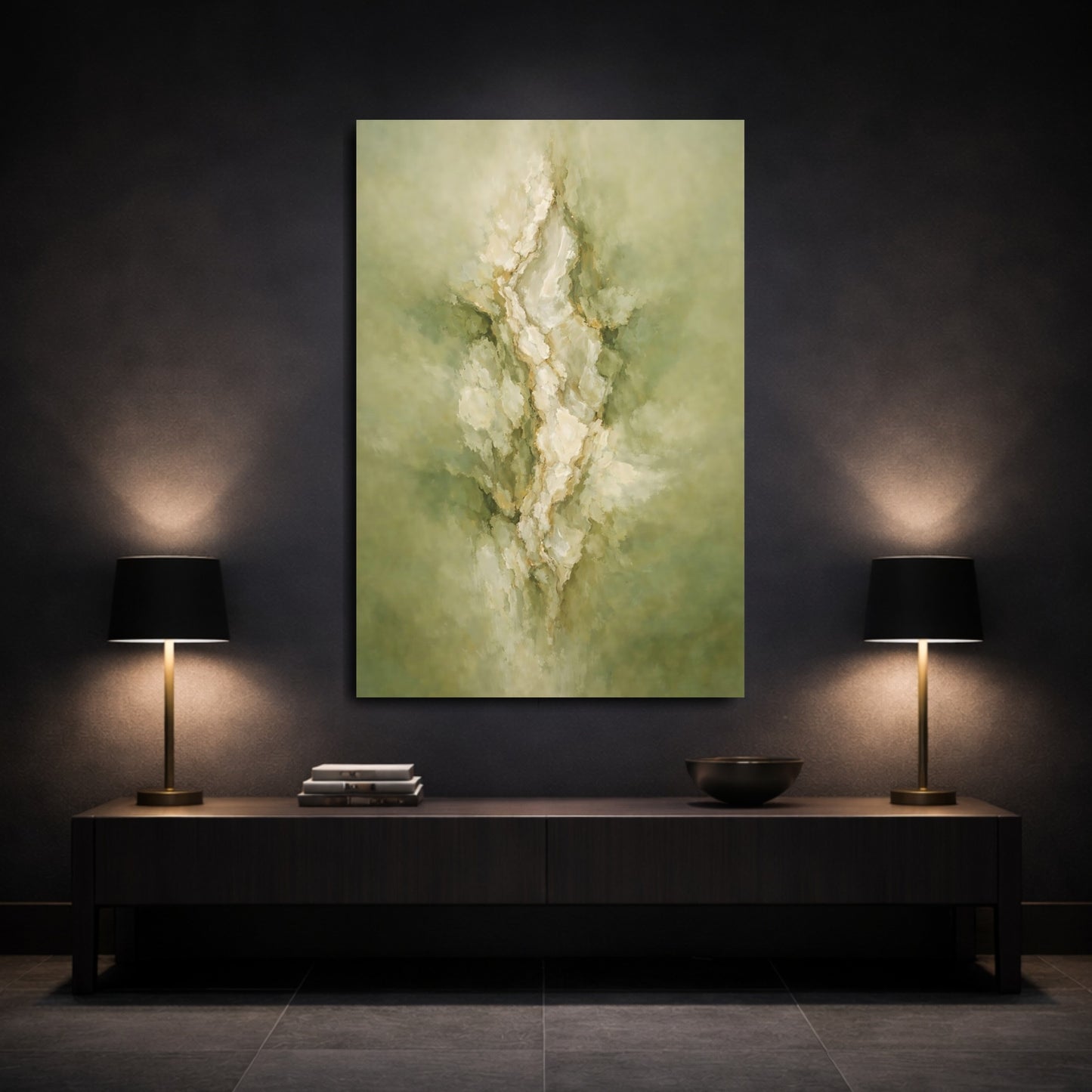 Mockup 2. Nature Abstract Forms Green And Gold Abstract shown as stretched canvas wall art