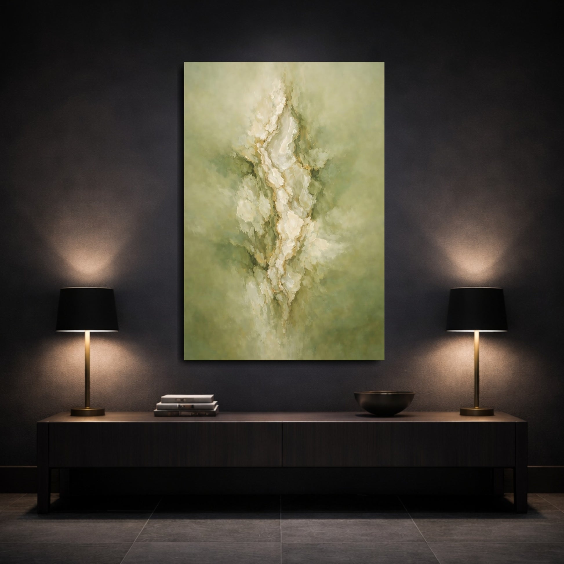 Mockup 2. Nature Abstract Forms Green And Gold Abstract shown as stretched canvas wall art