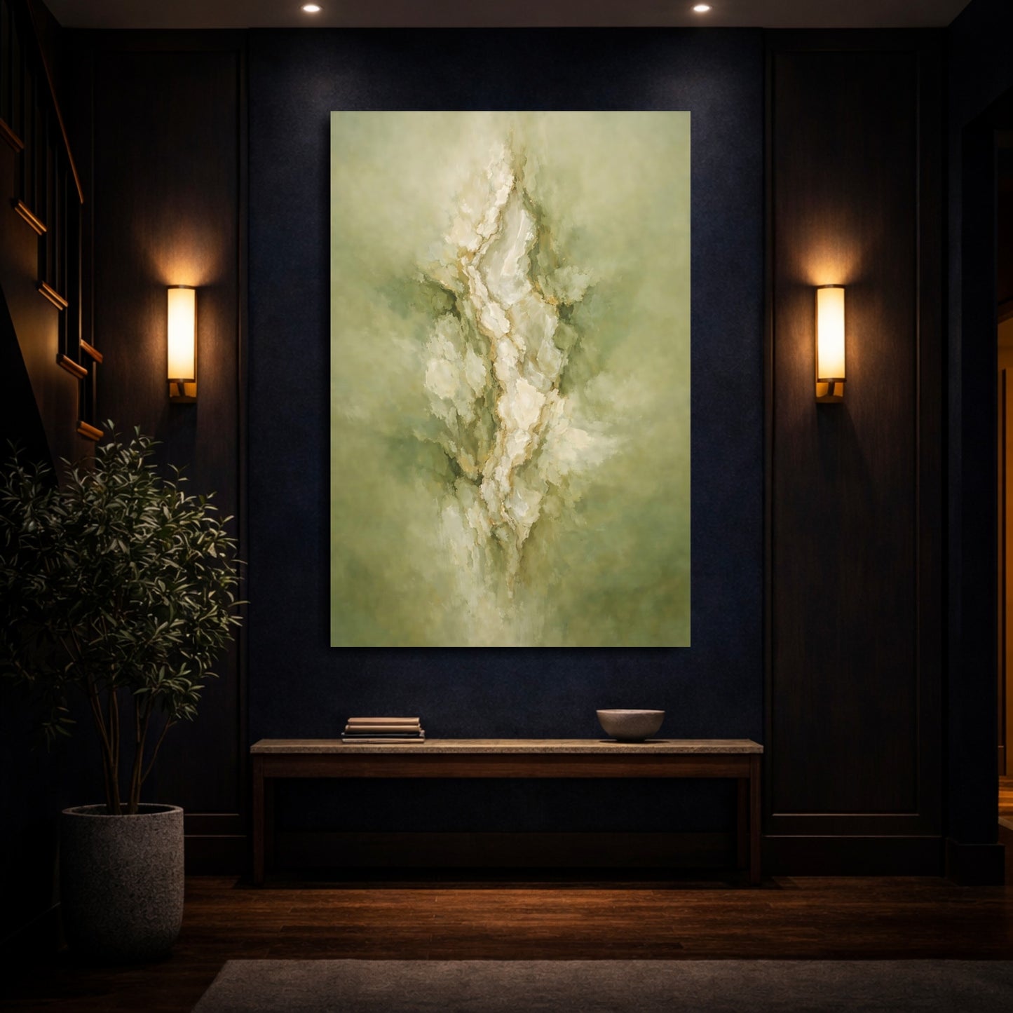 Mockup 3. Nature Abstract Forms Green And Gold Abstract shown as stretched canvas wall art
