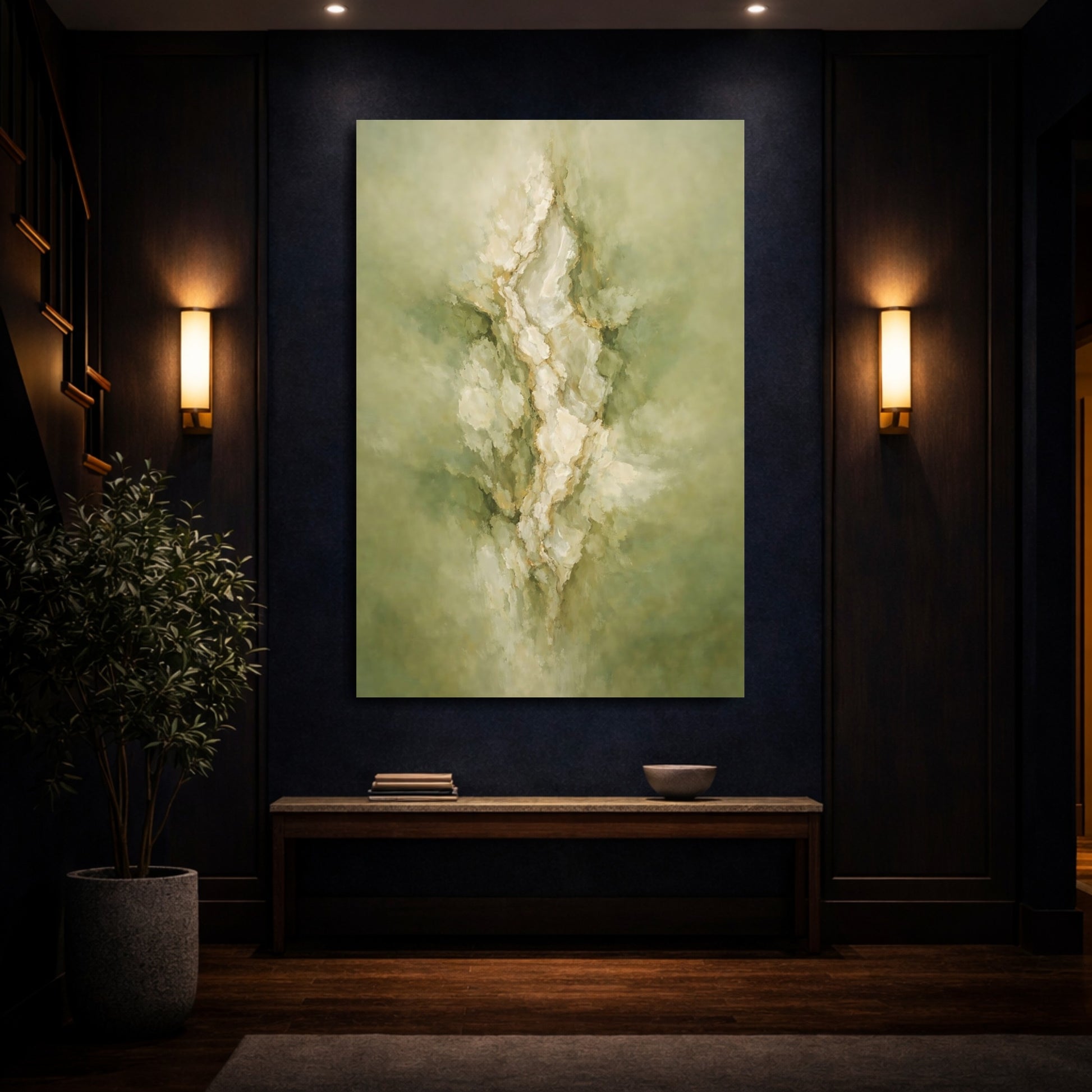 Mockup 3. Nature Abstract Forms Green And Gold Abstract shown as stretched canvas wall art