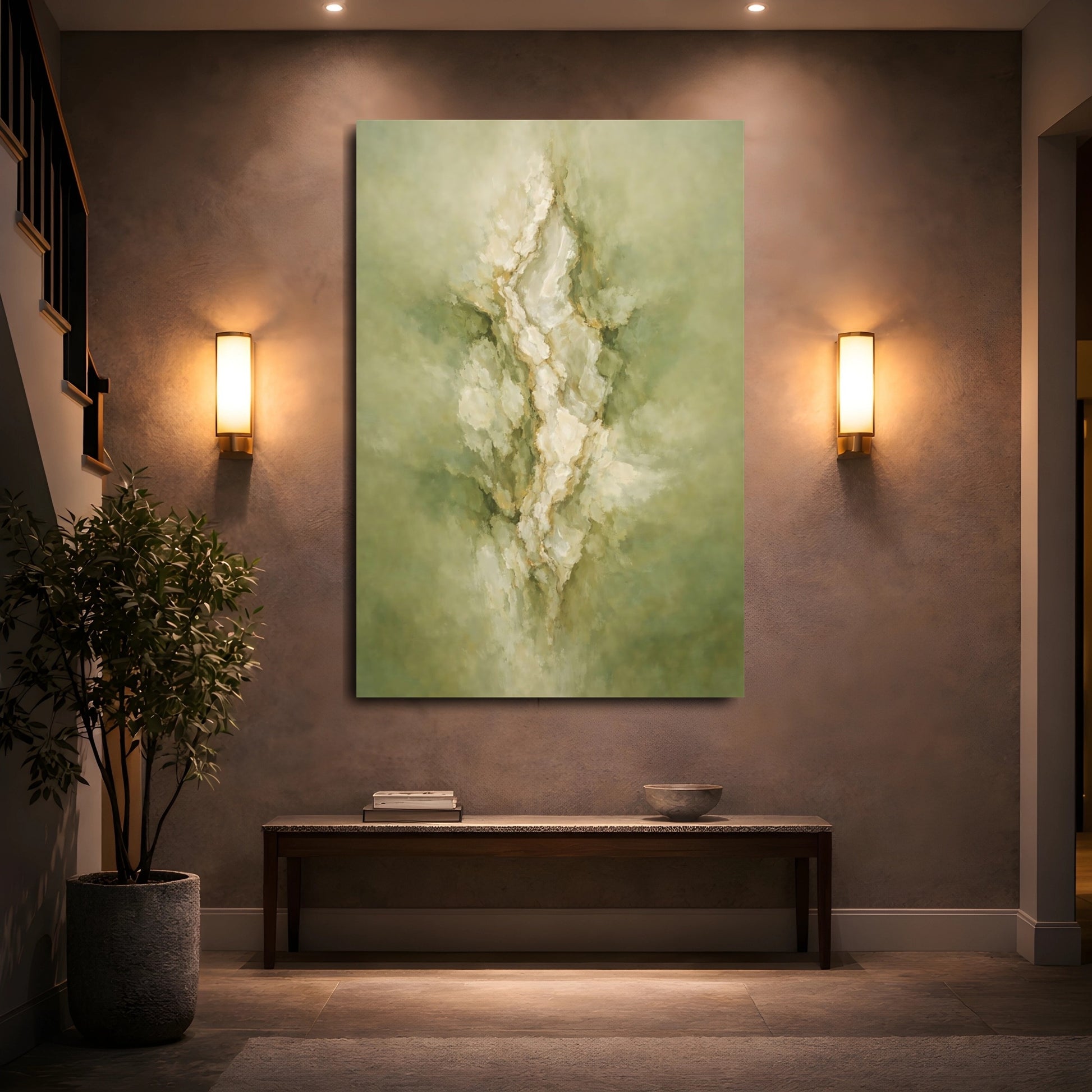 Mockup 4. Nature Abstract Forms Green And Gold Abstract shown as stretched canvas wall art