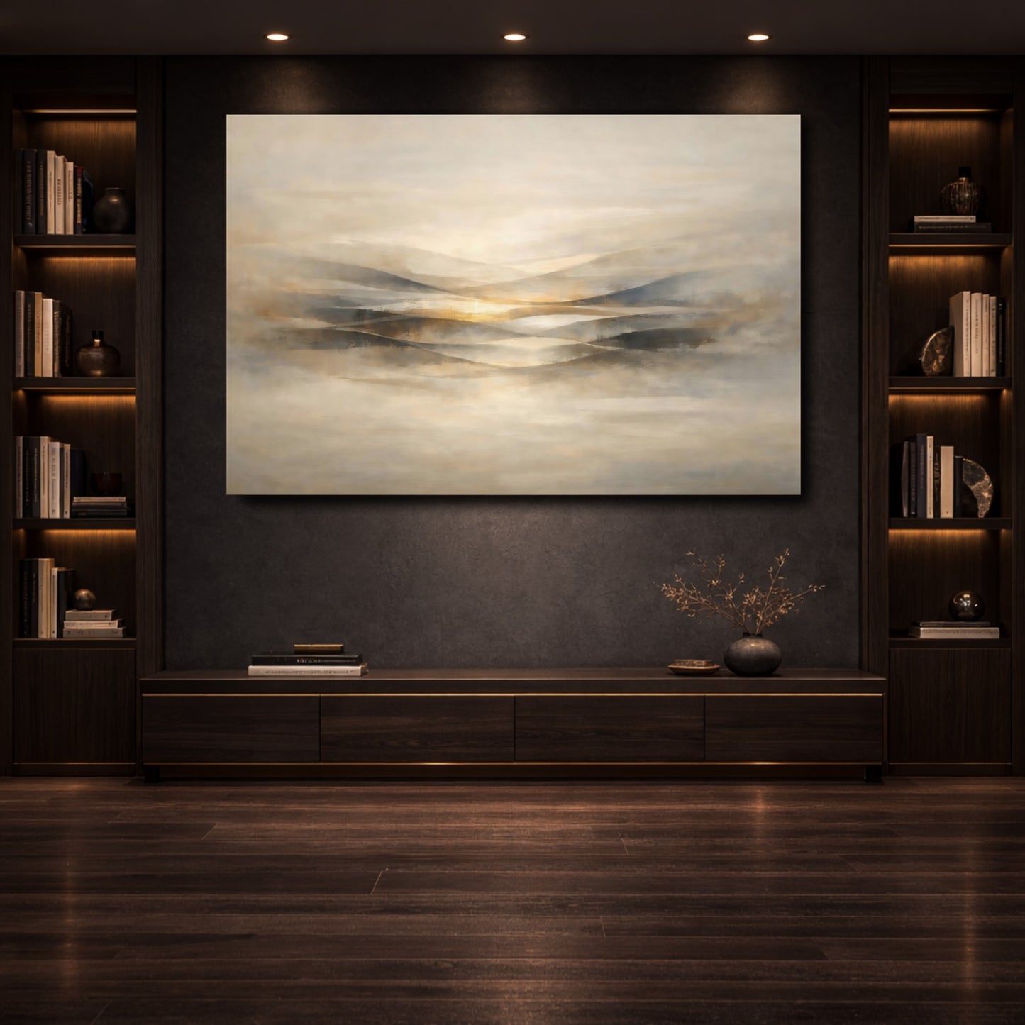 Mockup 3. Nature Abstract Hills Beige Gold Abstract shown as stretched canvas wall art