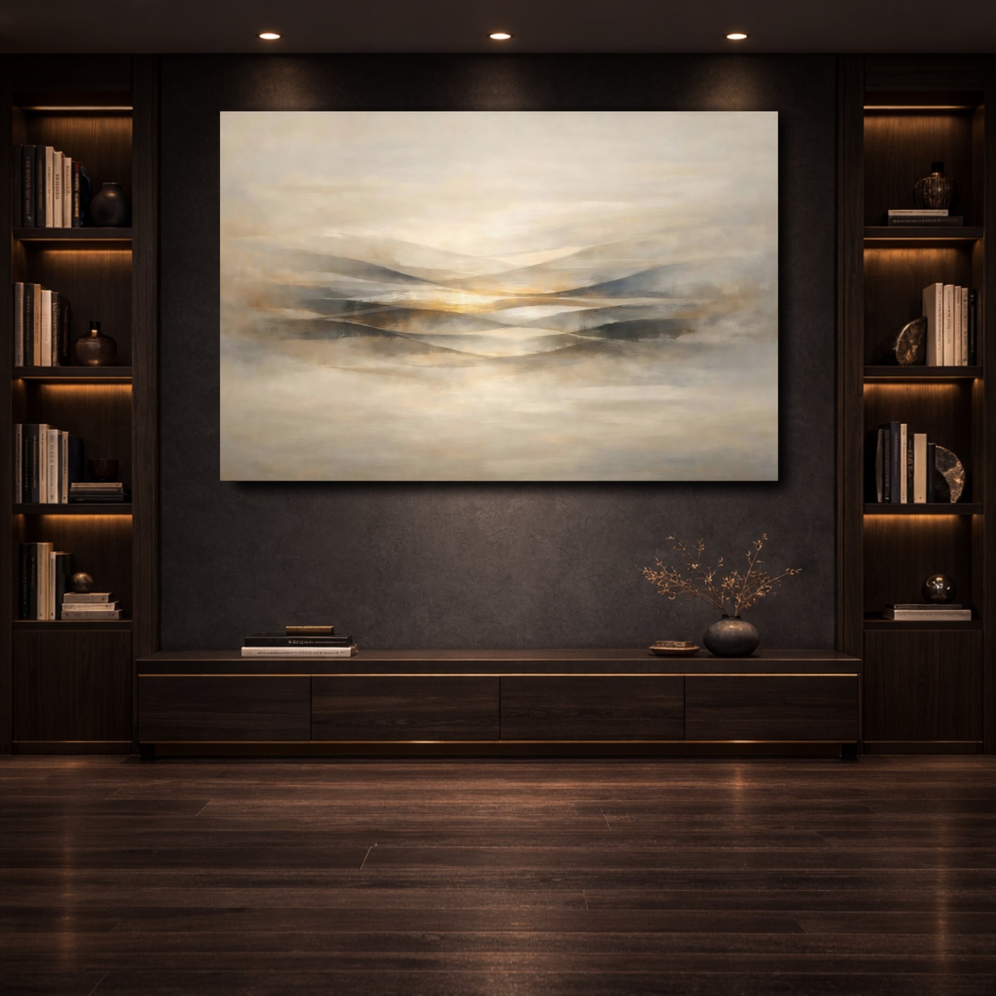 Mockup 3. Nature Abstract Hills Beige Gold Abstract shown as stretched canvas wall art