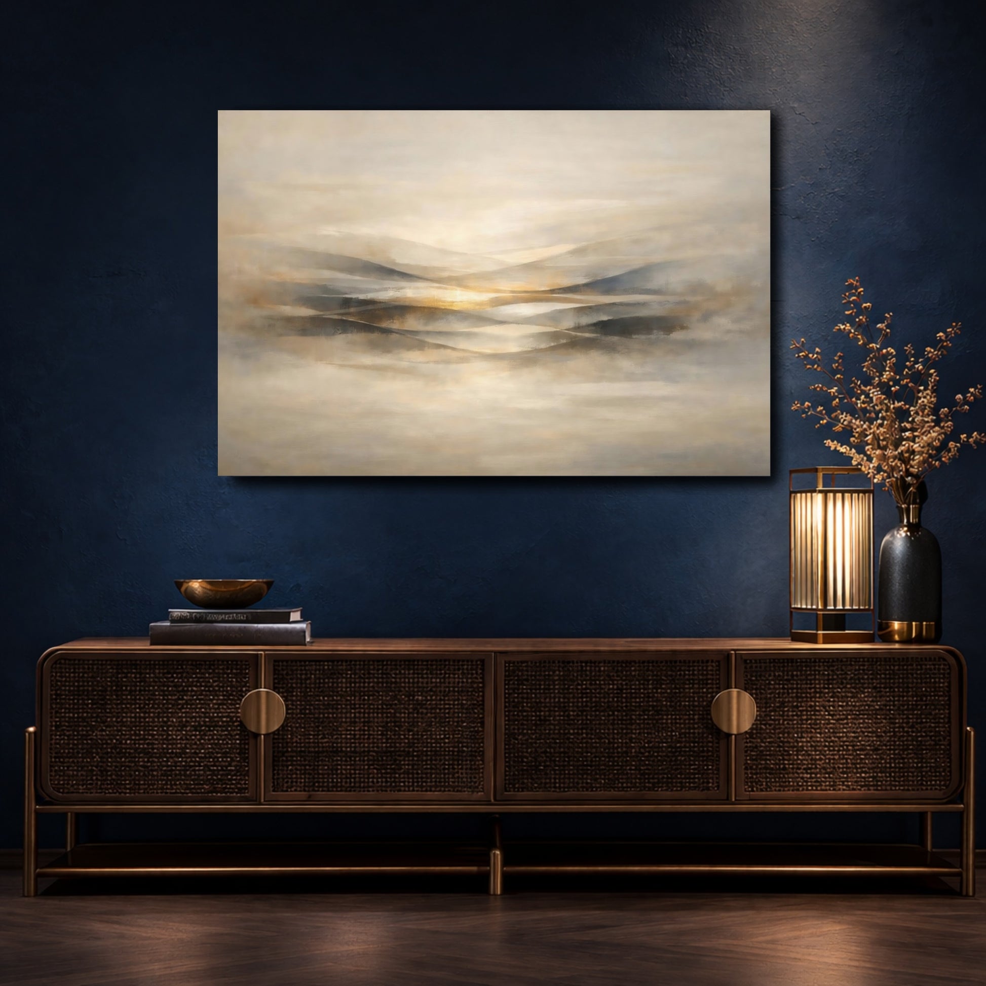 Mockup 4. Nature Abstract Hills Beige Gold Abstract shown as stretched canvas wall art