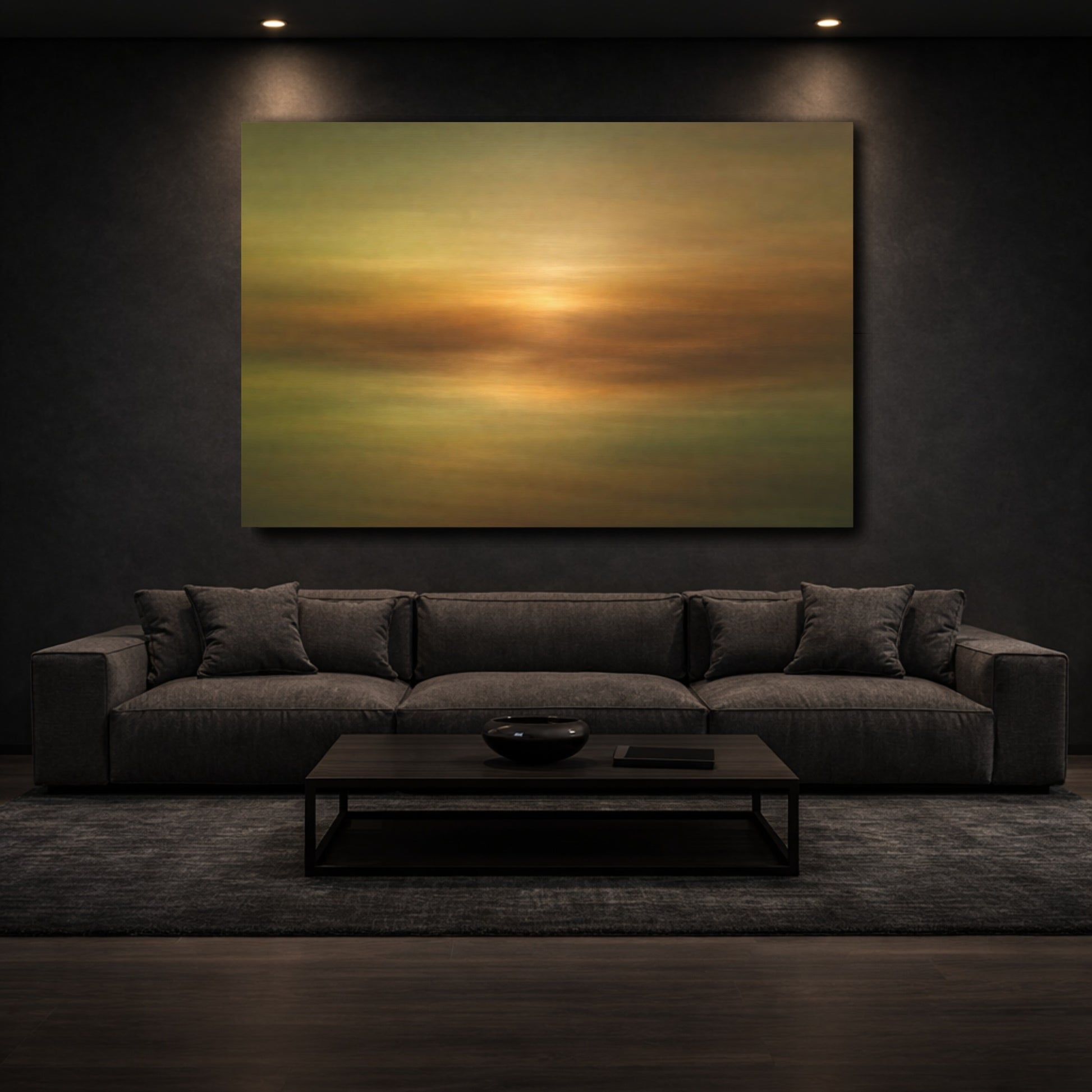 Mockup 2. Nature Abstract Horizon Abstract Golden Horizon shown as stretched canvas wall art