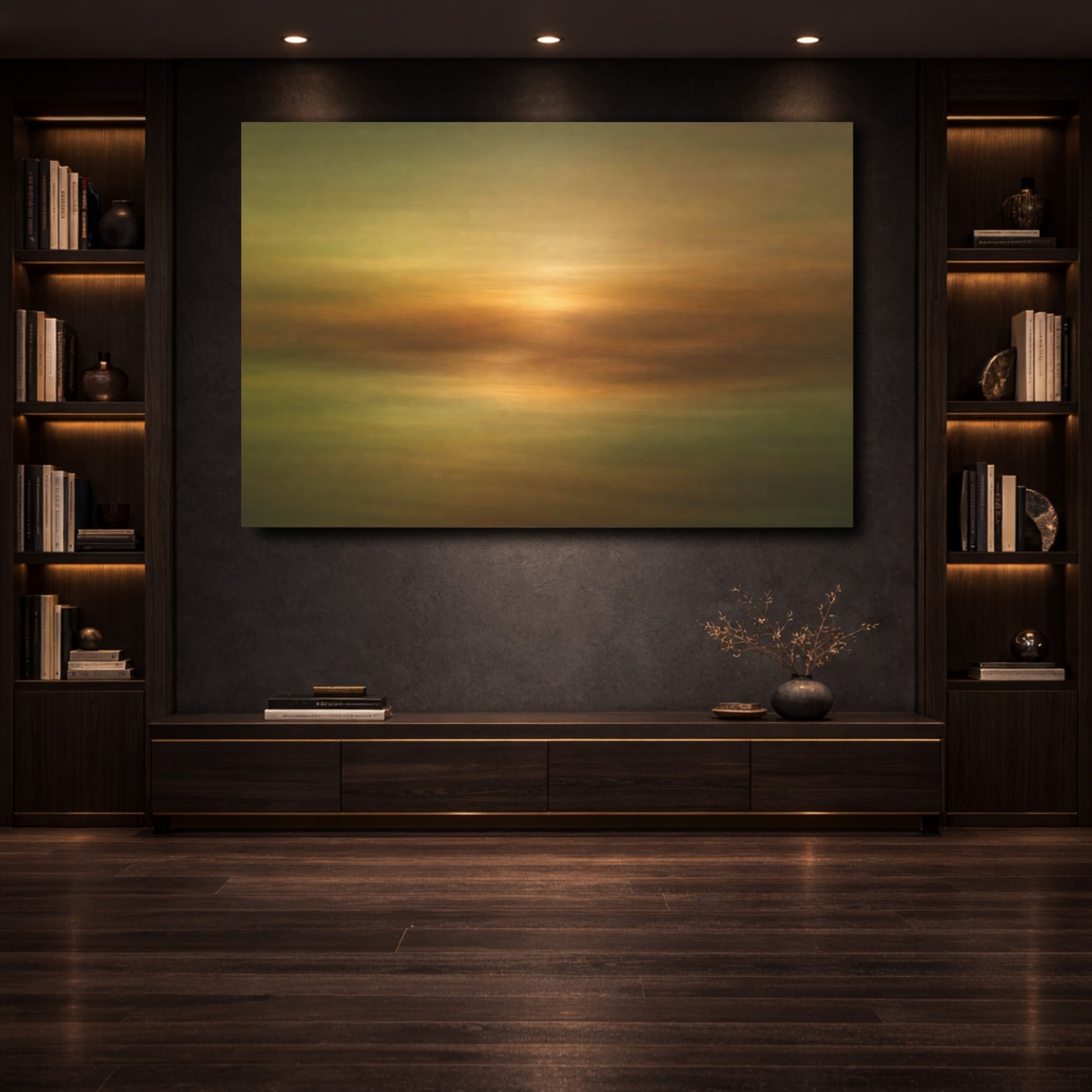 Mockup 3. Nature Abstract Horizon Abstract Golden Horizon shown as stretched canvas wall art