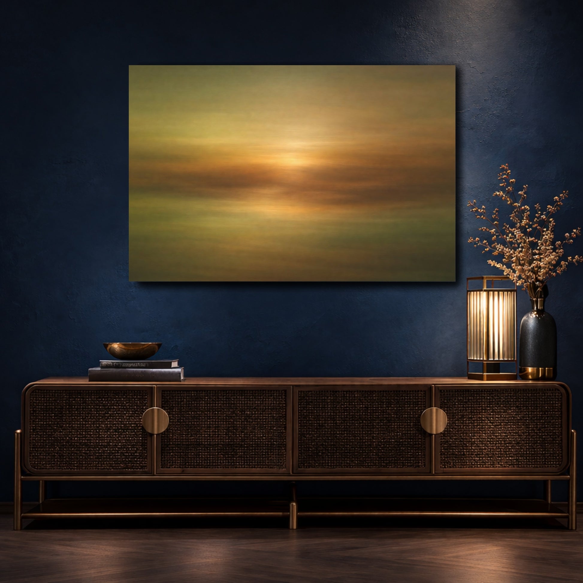 Mockup 4. Nature Abstract Horizon Abstract Golden Horizon shown as stretched canvas wall art