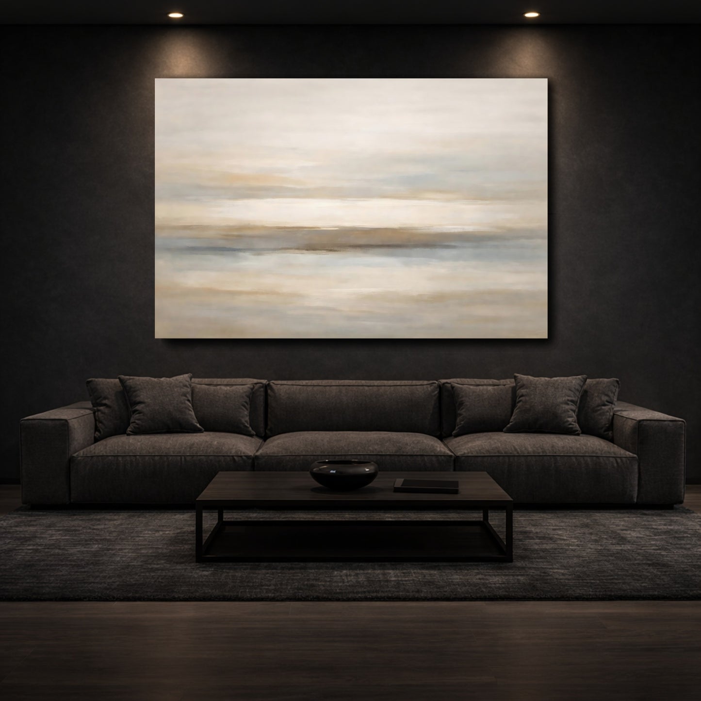 Mockup 2. Nature Abstract Horizon Beige And Grey shown as stretched canvas wall art