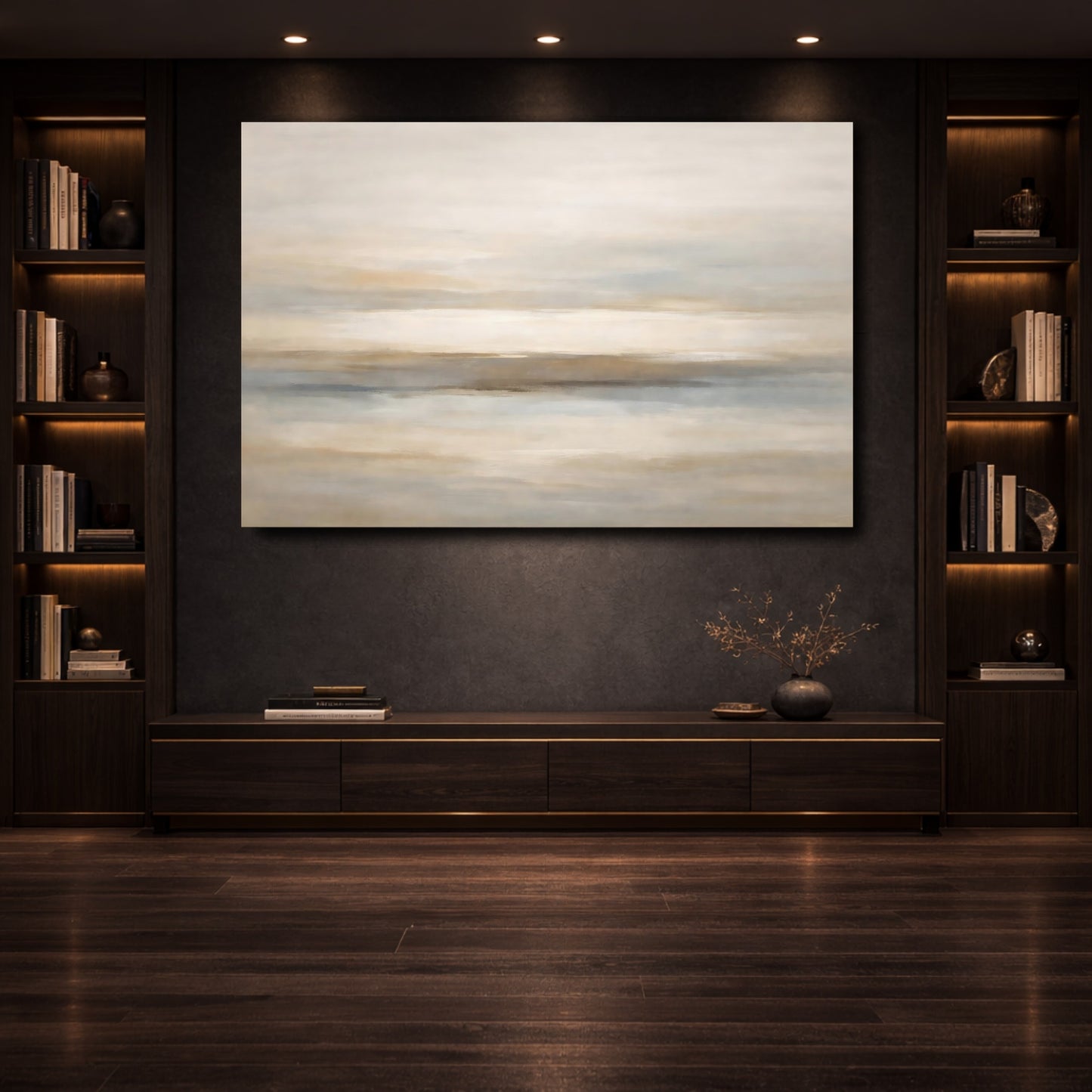 Mockup 3. Nature Abstract Horizon Beige And Grey shown as stretched canvas wall art