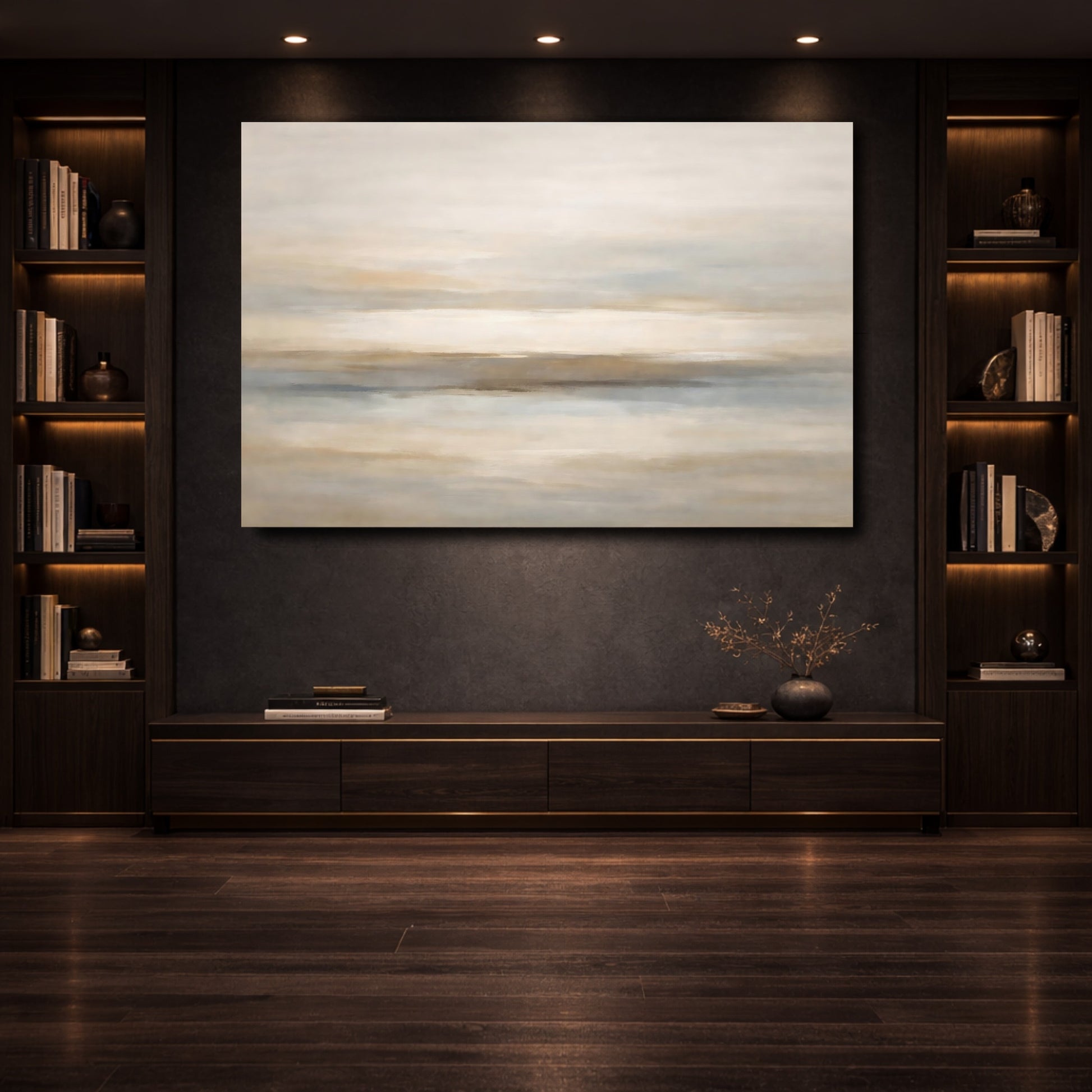 Mockup 3. Nature Abstract Horizon Beige And Grey shown as stretched canvas wall art