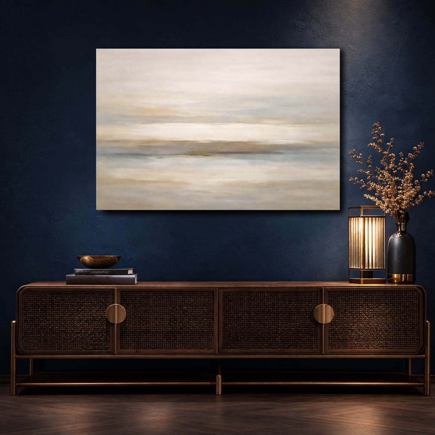 Mockup 4. Nature Abstract Horizon Beige And Grey shown as stretched canvas wall art