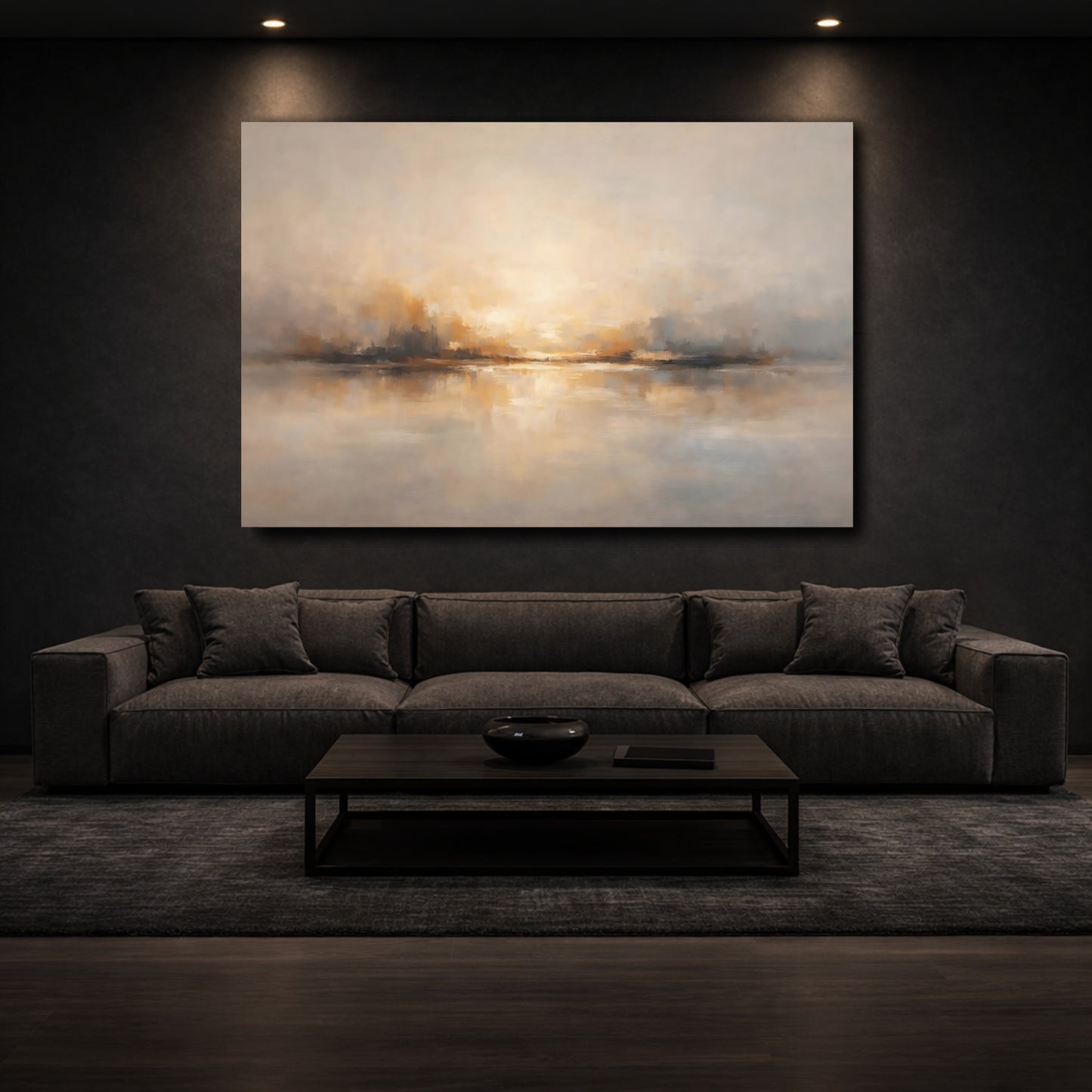 Mockup 2. Nature Abstract Horizon Golden Gray Horizon shown as stretched canvas wall art