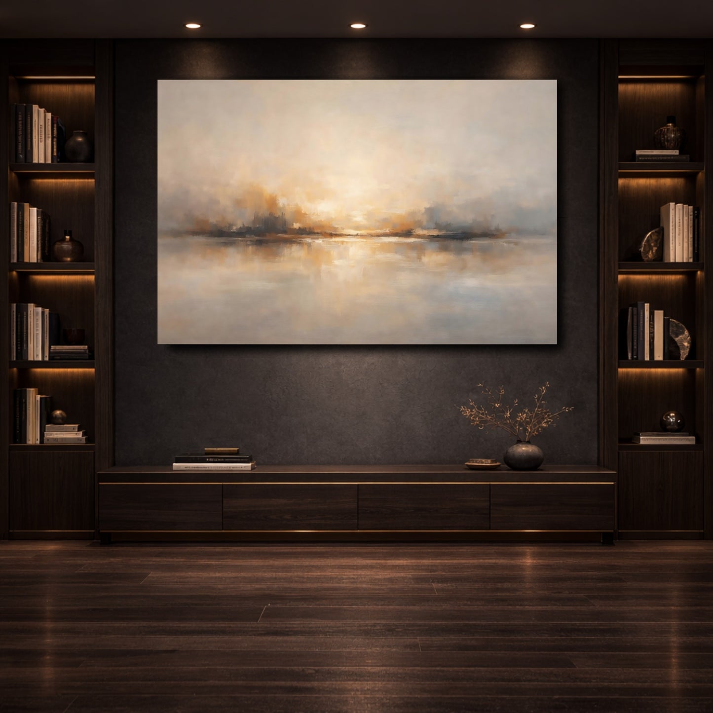 Mockup 3. Nature Abstract Horizon Golden Gray Horizon shown as stretched canvas wall art