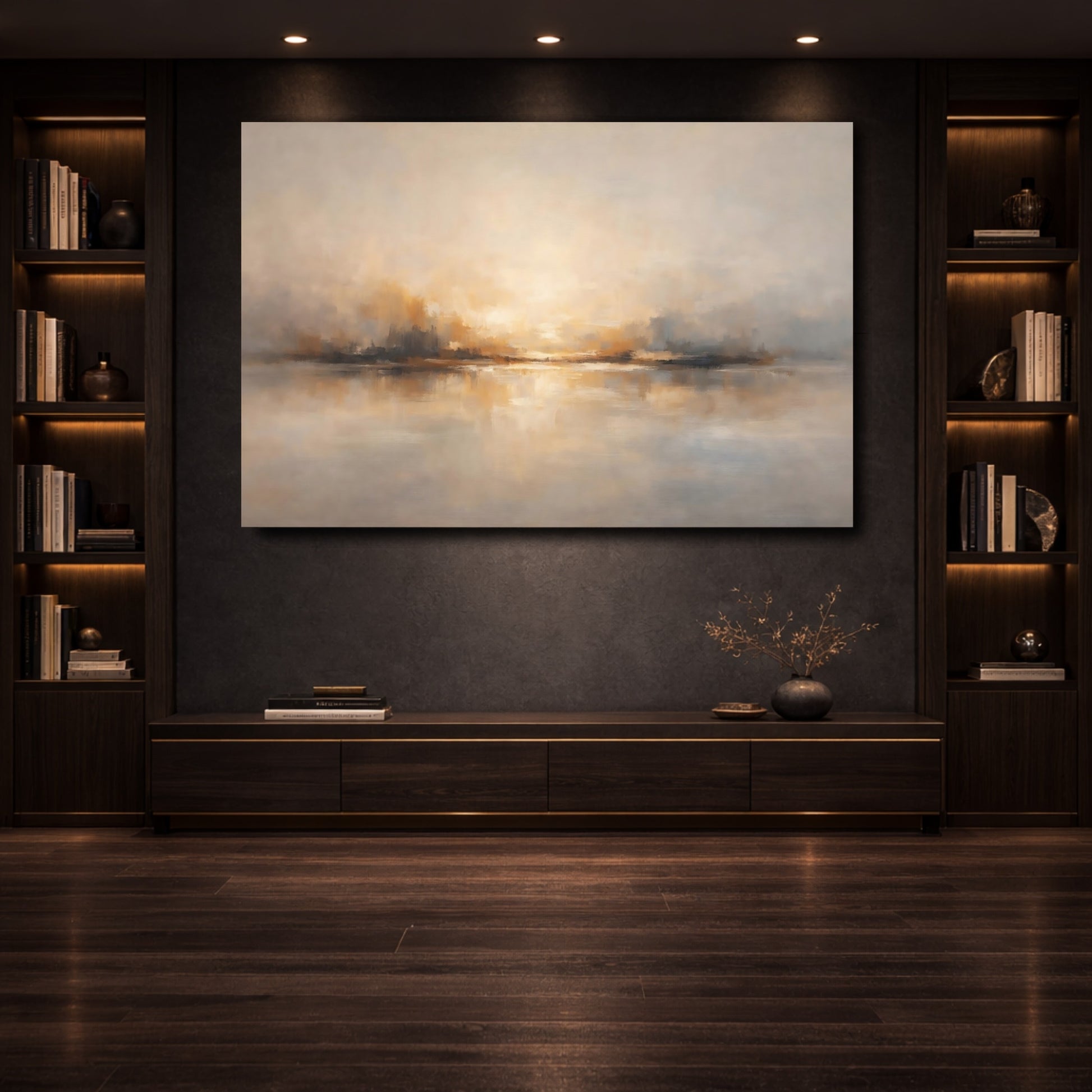 Mockup 3. Nature Abstract Horizon Golden Gray Horizon shown as stretched canvas wall art