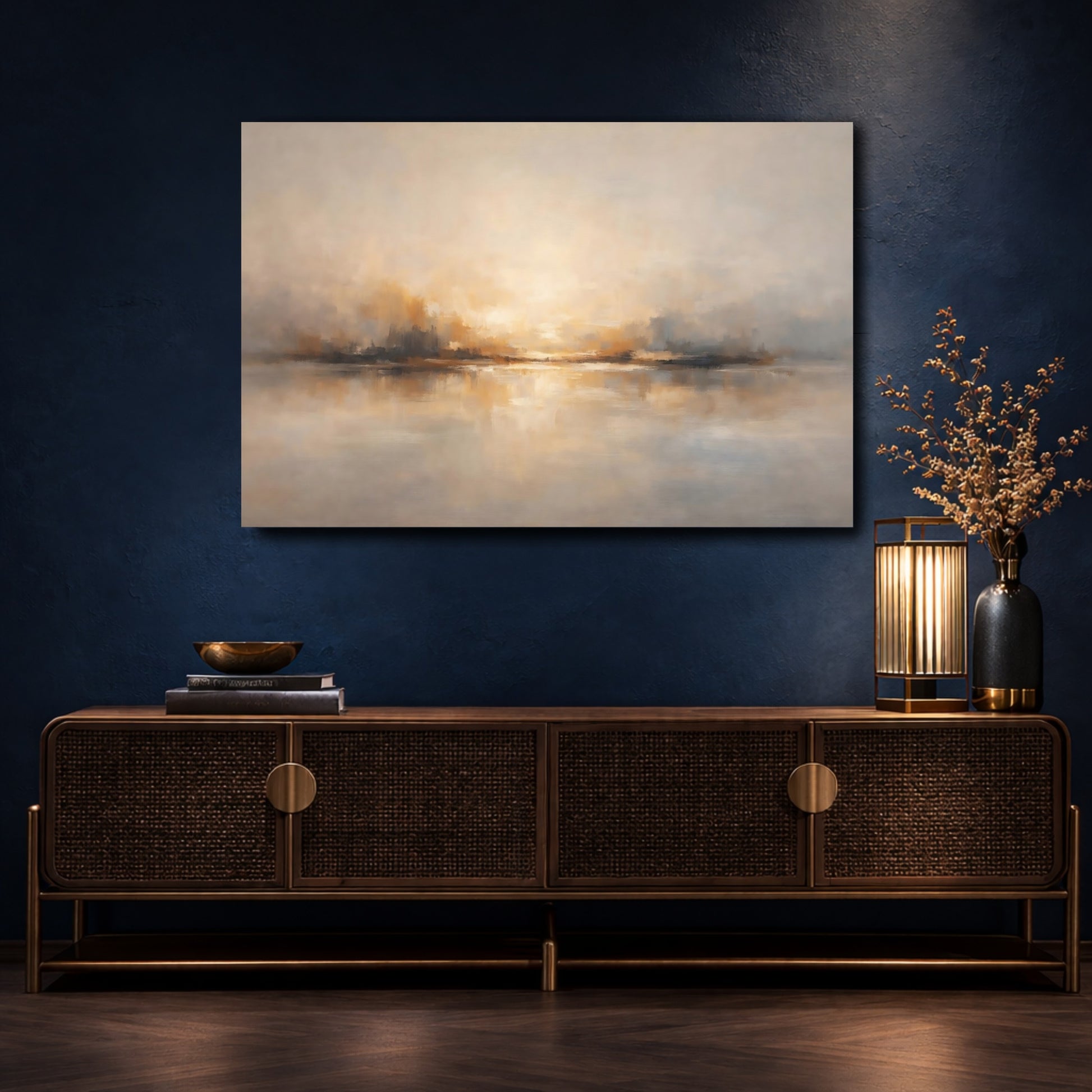Mockup 4. Nature Abstract Horizon Golden Gray Horizon shown as stretched canvas wall art
