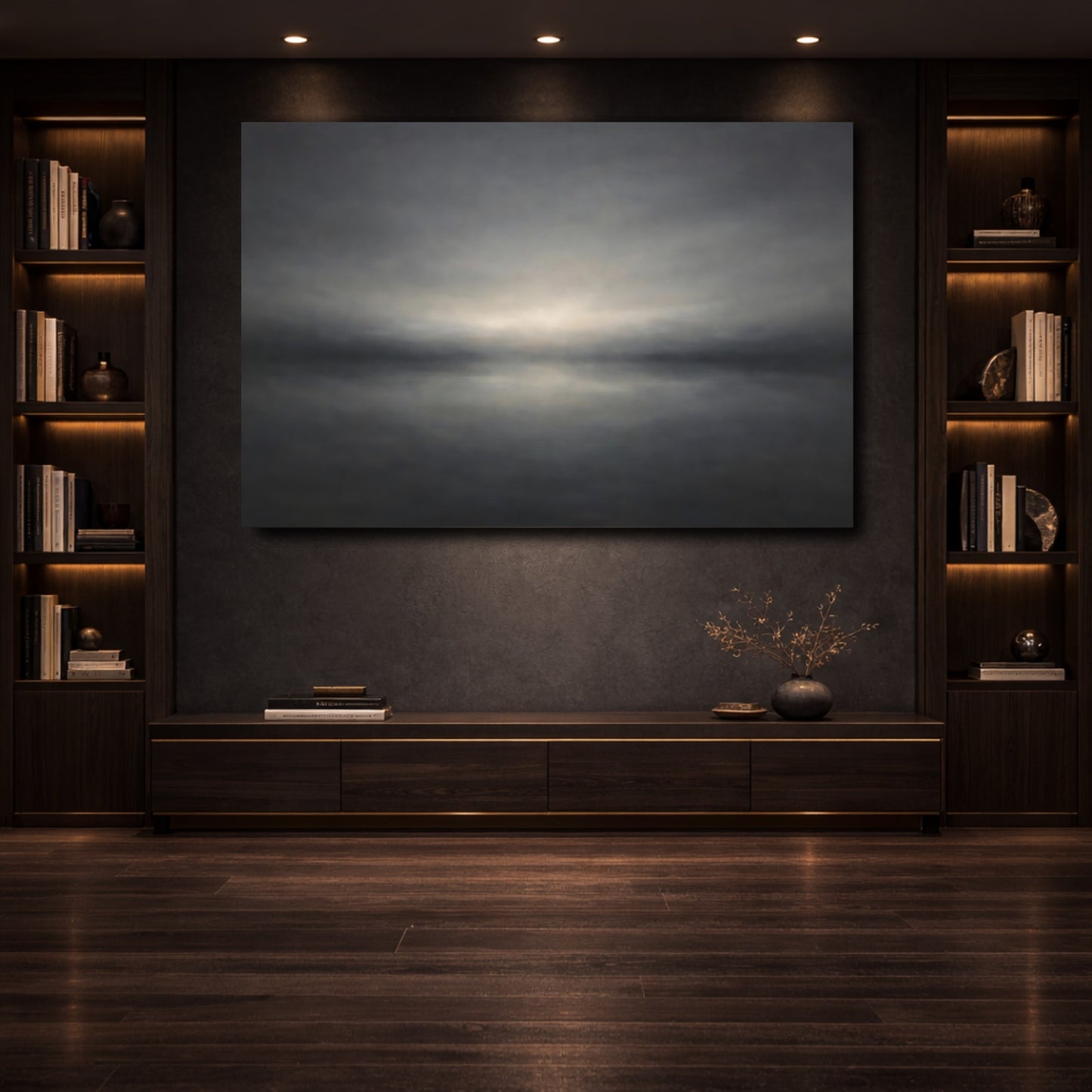 Mockup 3. Nature Abstract Horizon Gray Abstract Horizon shown as stretched canvas wall art