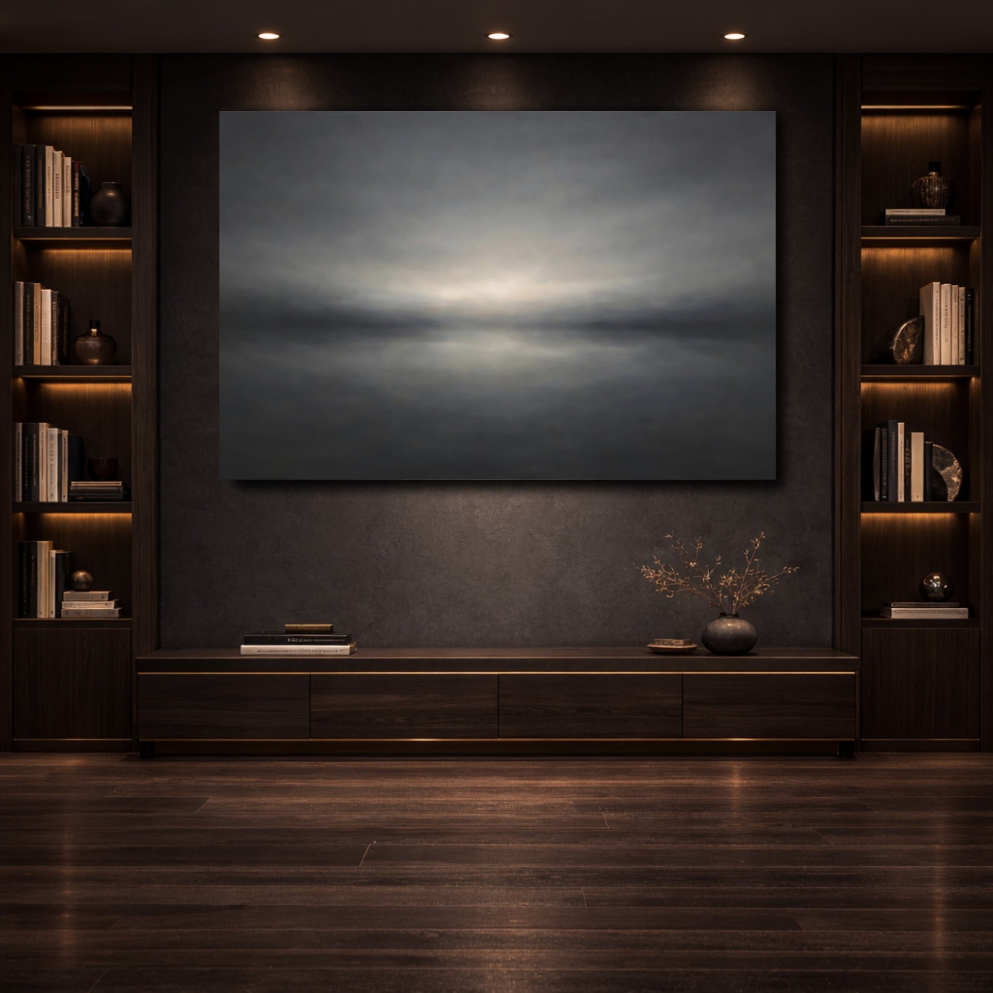 Mockup 3. Nature Abstract Horizon Gray Abstract Horizon shown as stretched canvas wall art