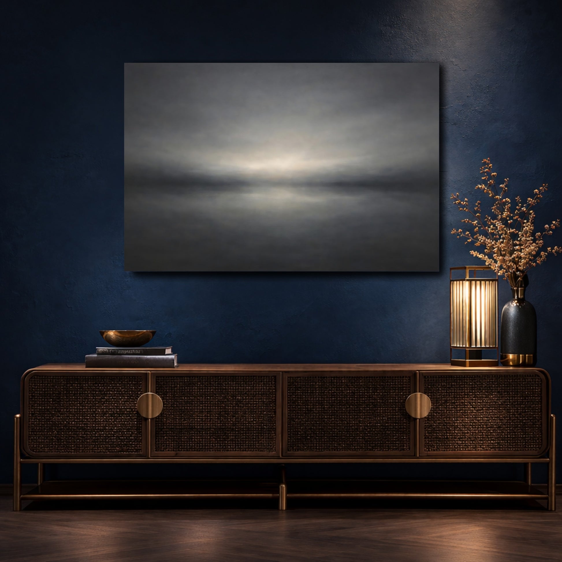 Mockup 4. Nature Abstract Horizon Gray Abstract Horizon shown as stretched canvas wall art