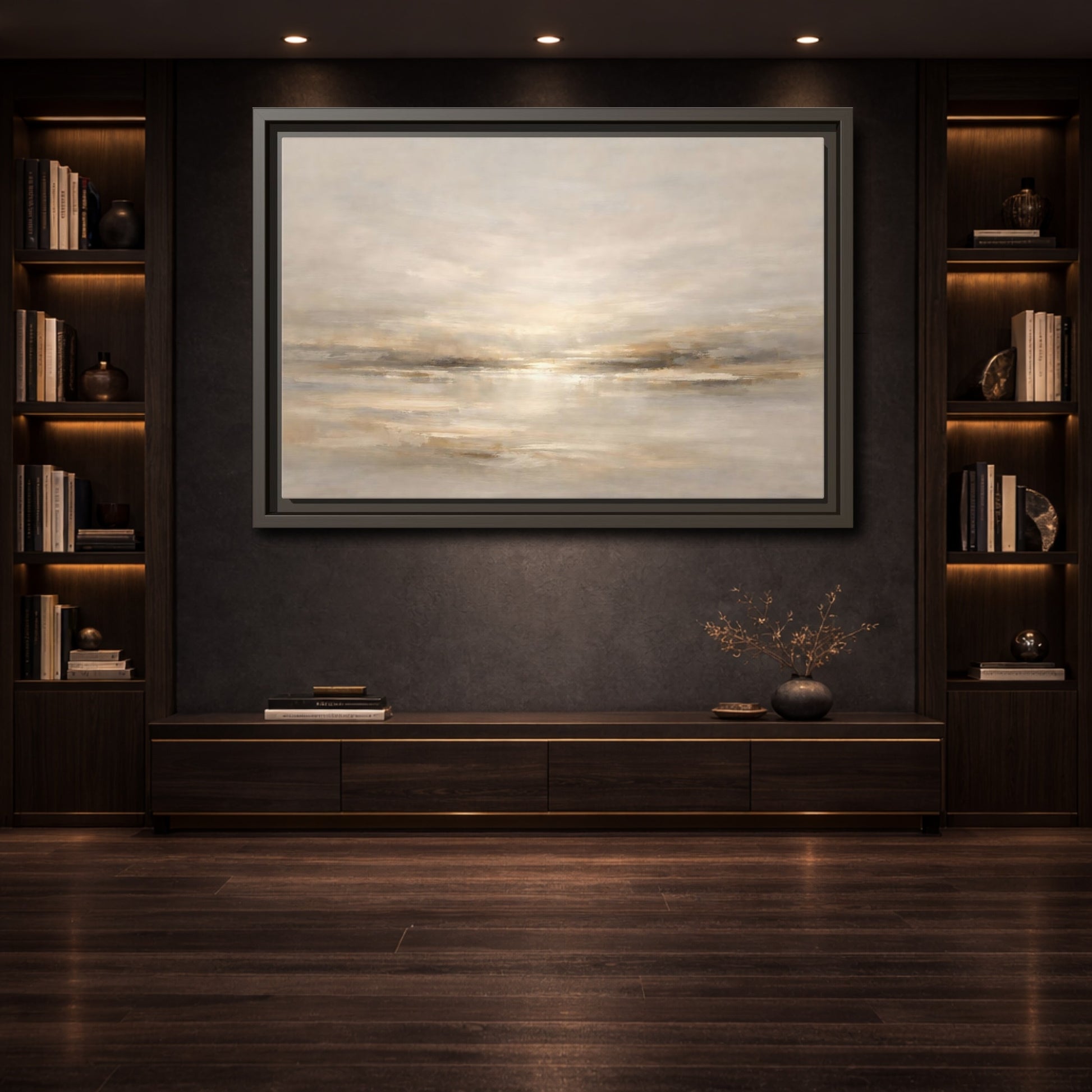 Mockup 3. Nature Abstract Horizon Neutral Tones shown as stretched canvas wall art