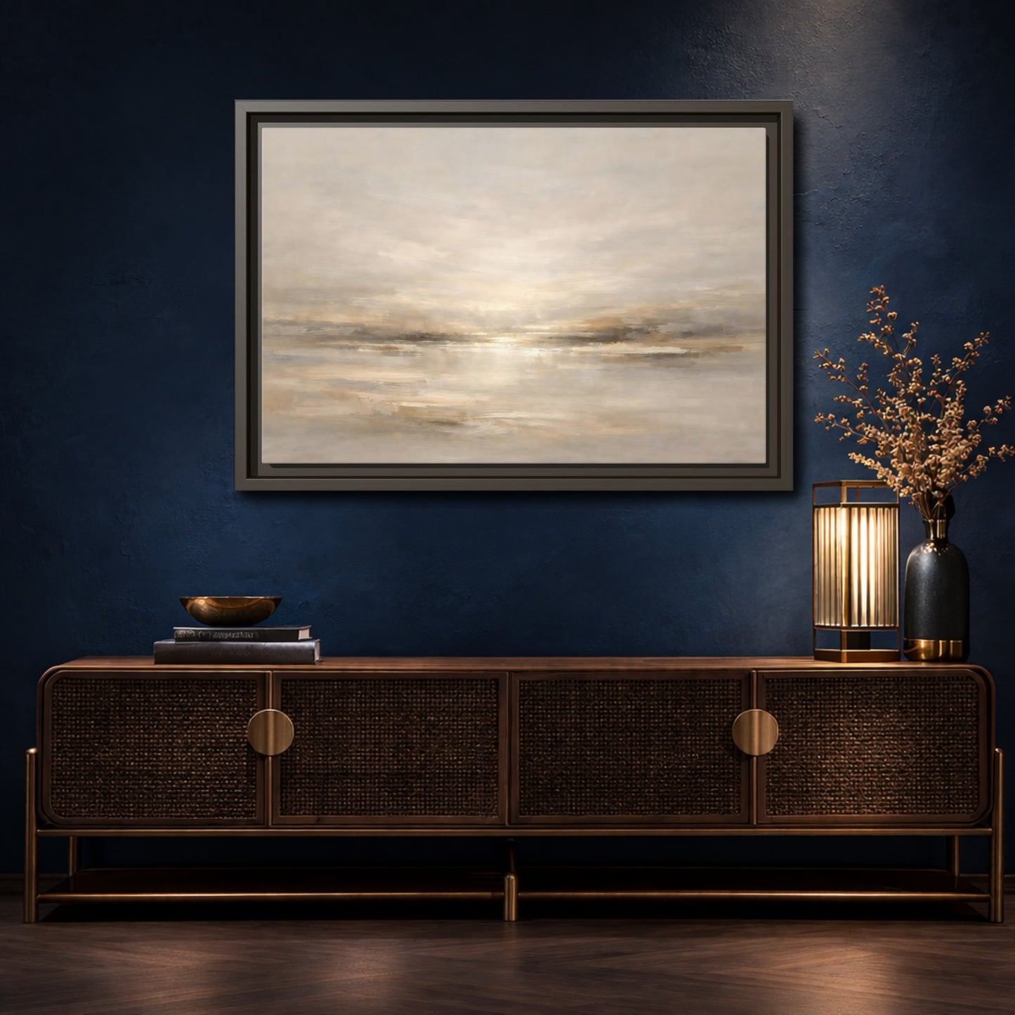 Mockup 4. Nature Abstract Horizon Neutral Tones shown as stretched canvas wall art