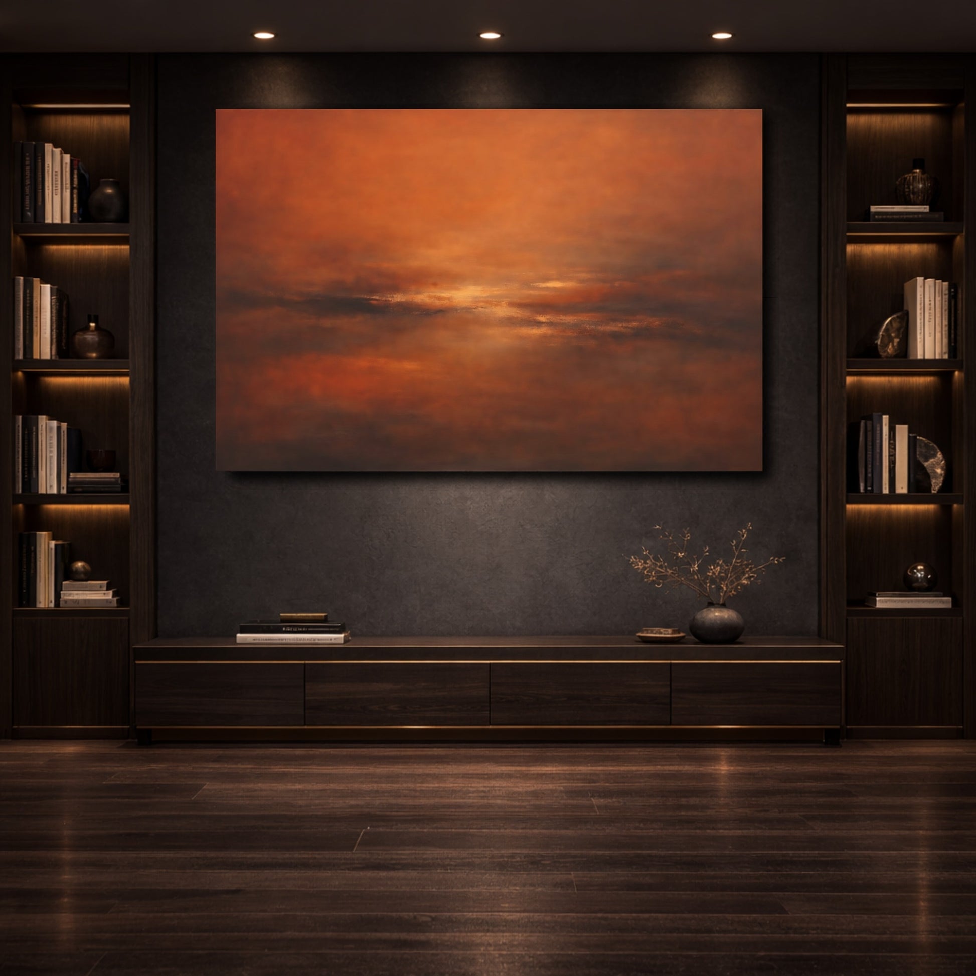 Mockup 3. Nature Abstract Horizon Orange Hues Abstract shown as stretched canvas wall art