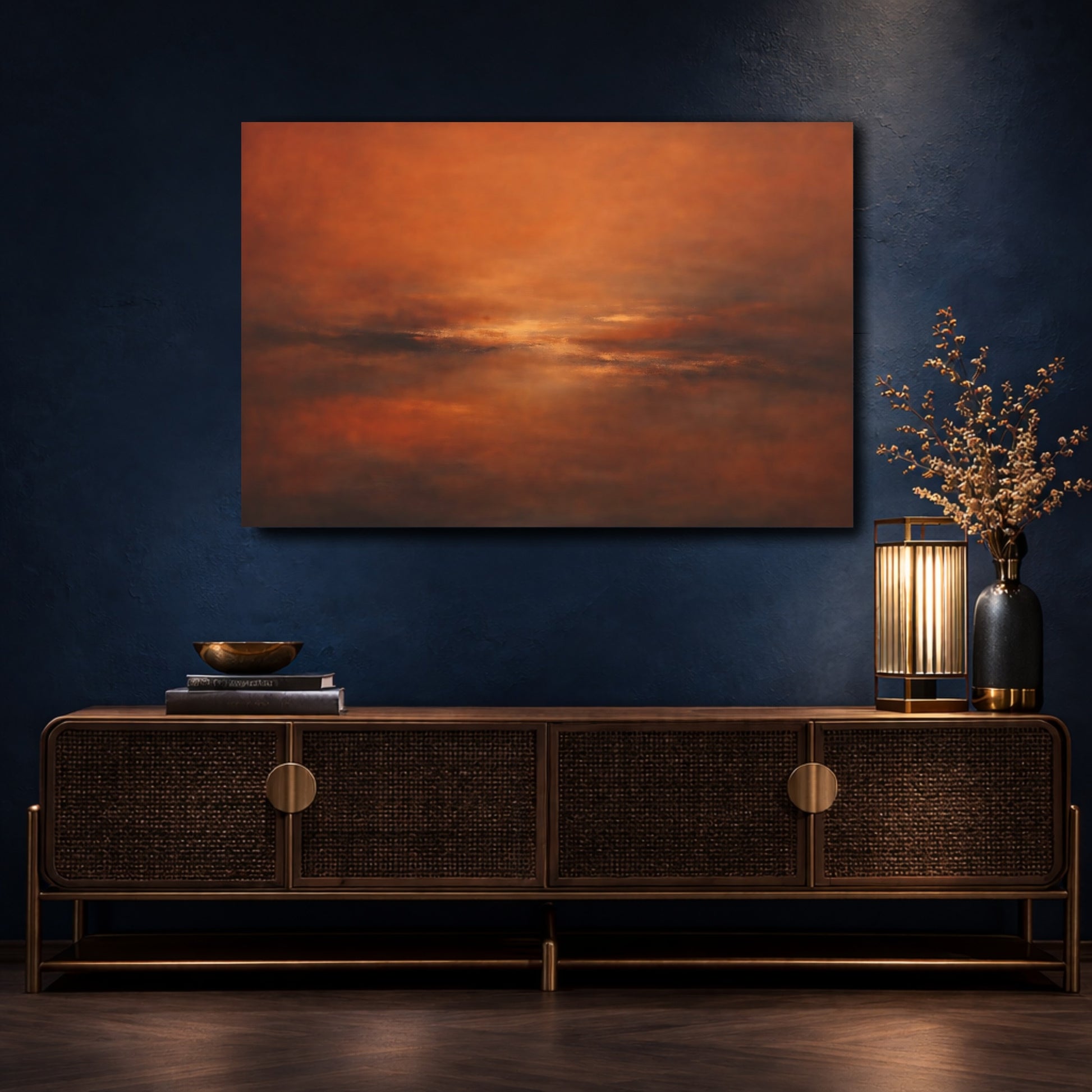 Mockup 4. Nature Abstract Horizon Orange Hues Abstract shown as stretched canvas wall art