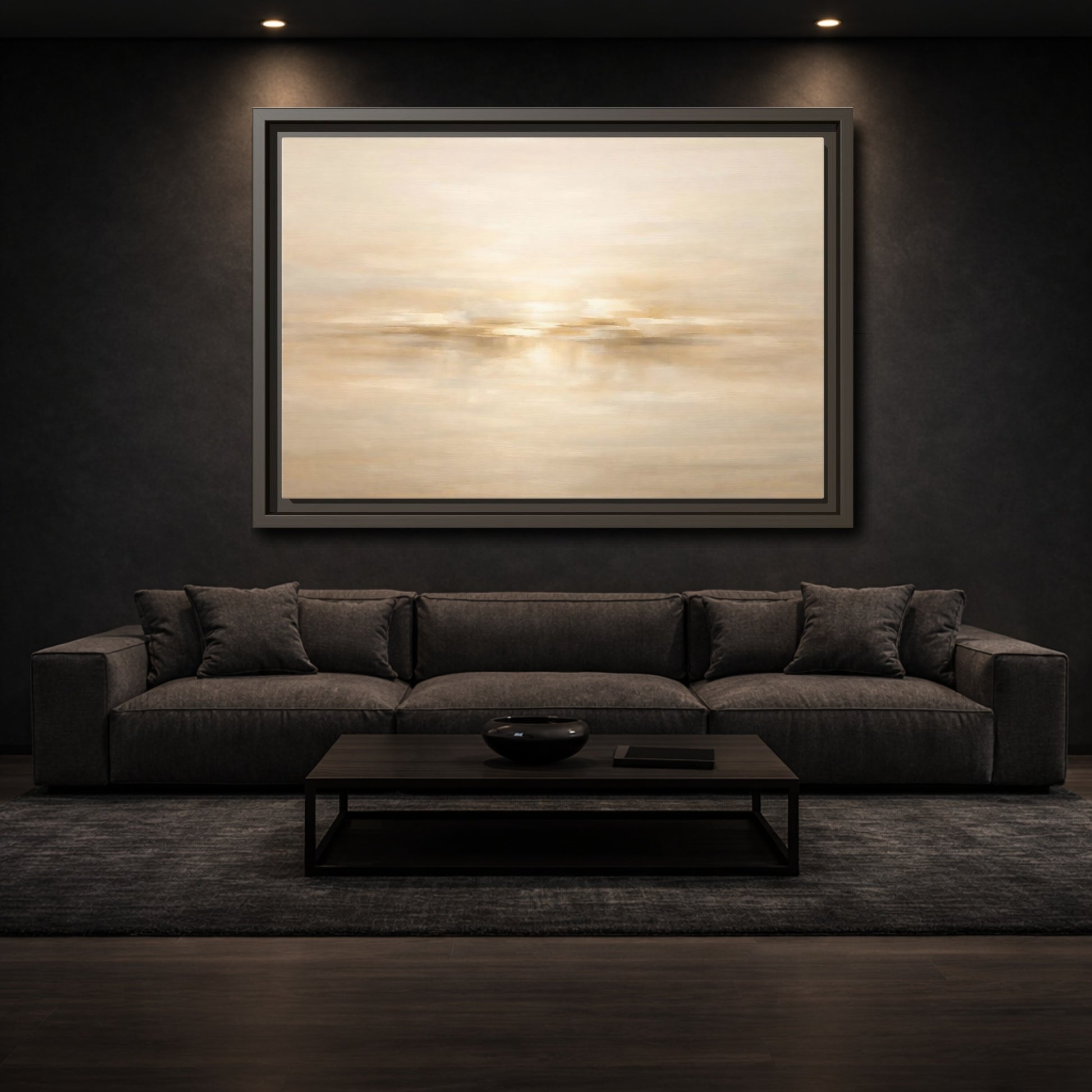 Mockup 2. Nature Abstract Landscape Beige And Gold Abstract shown as stretched canvas wall art