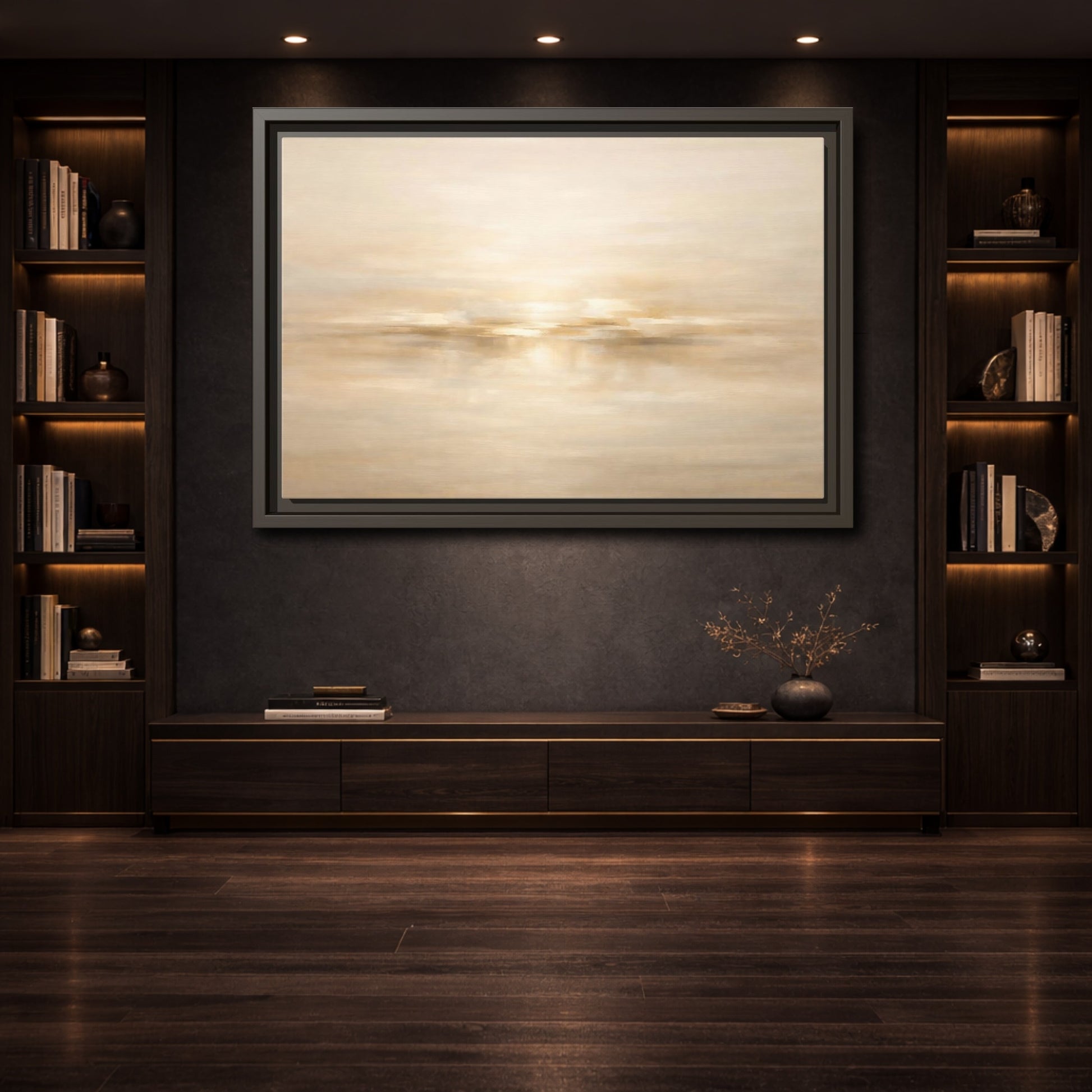 Mockup 3. Nature Abstract Landscape Beige And Gold Abstract shown as stretched canvas wall art