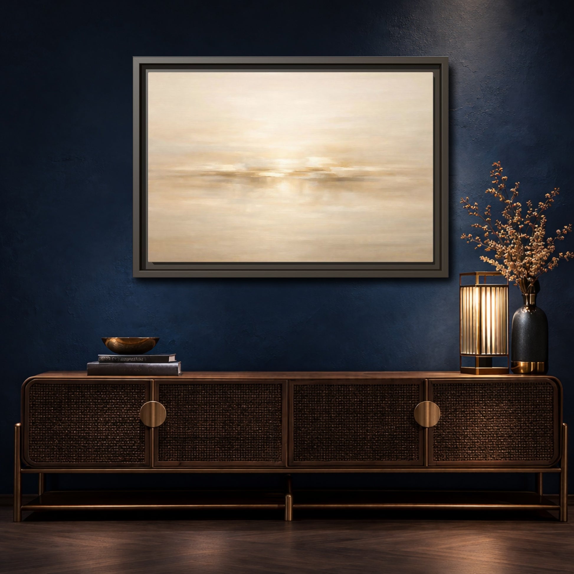 Mockup 4. Nature Abstract Landscape Beige And Gold Abstract shown as stretched canvas wall art