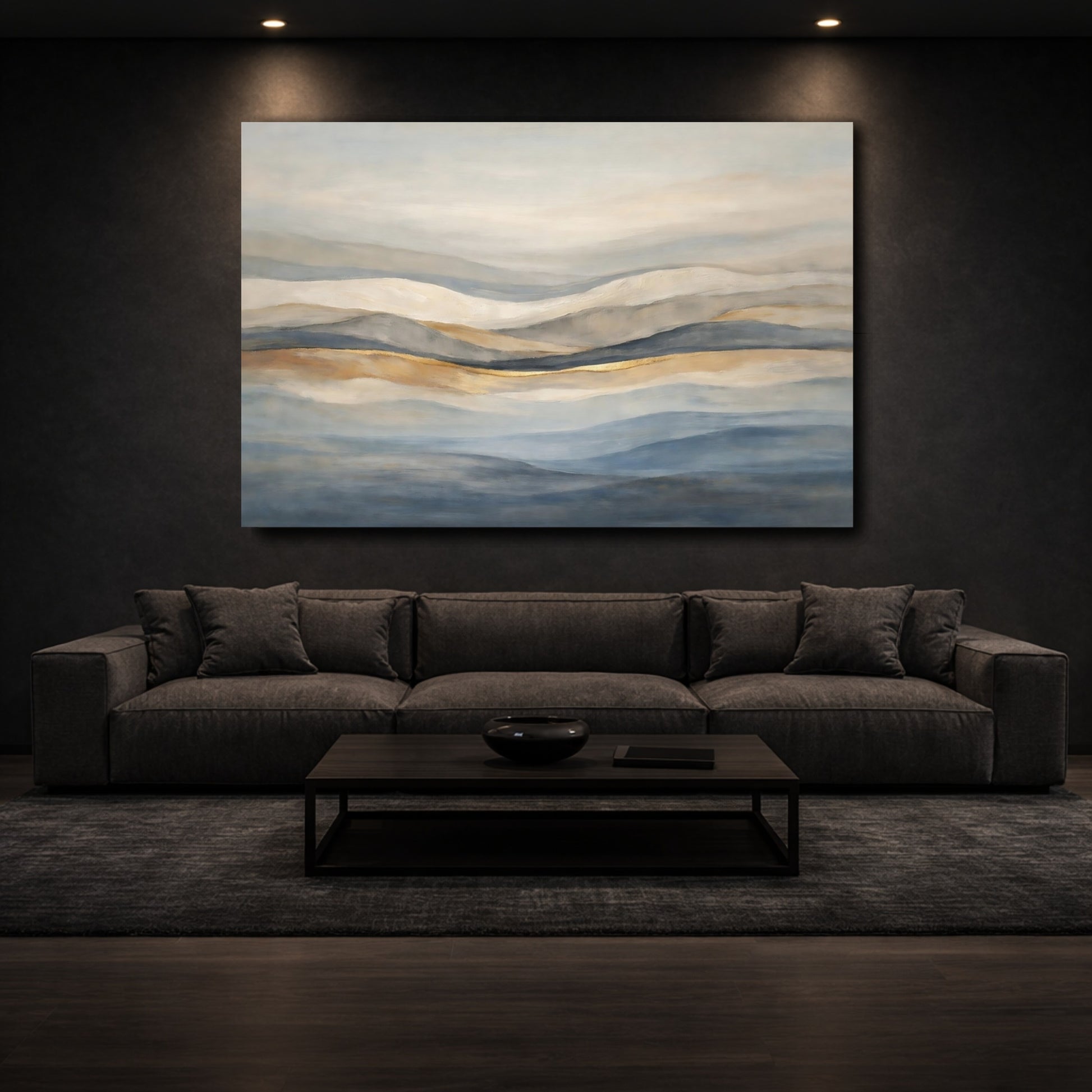 Mockup 2. Nature Abstract Landscape Blue Gold Abstract shown as stretched canvas wall art