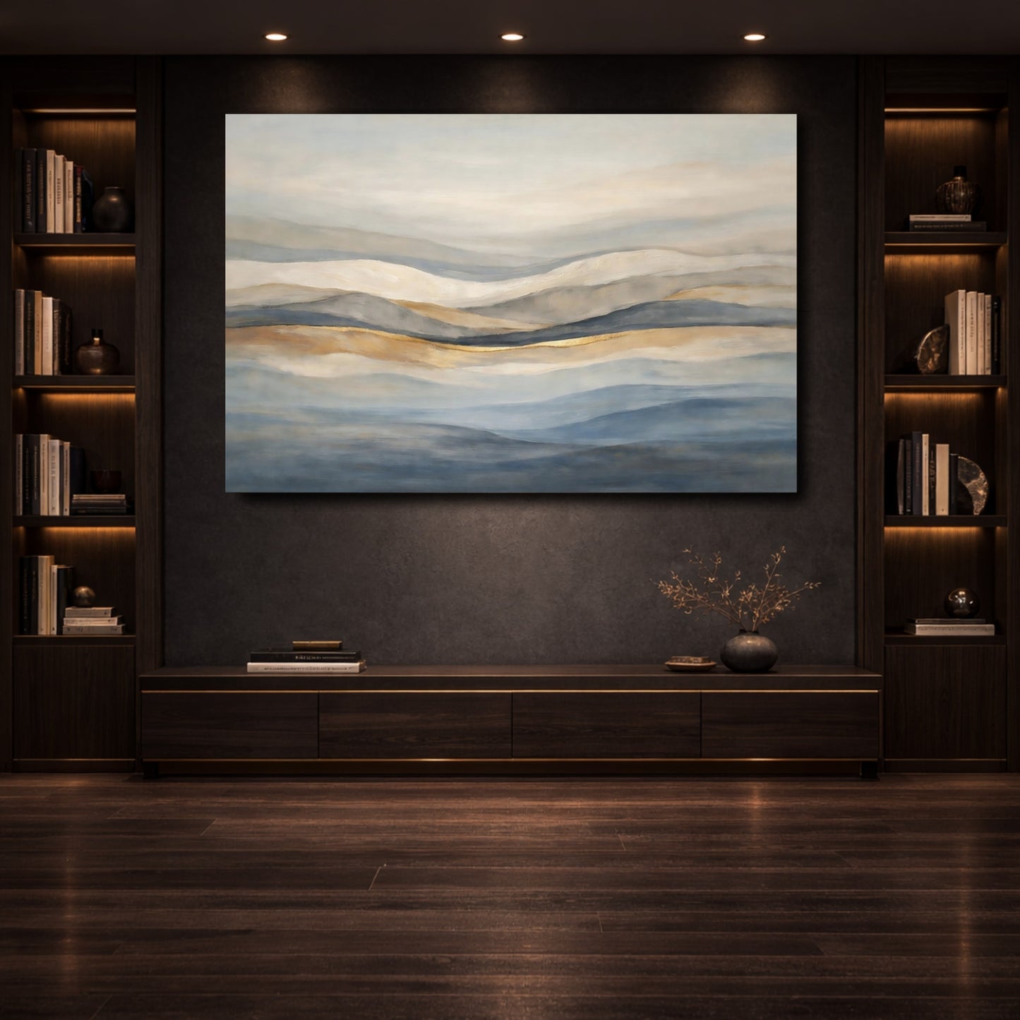 Mockup 3. Nature Abstract Landscape Blue Gold Abstract shown as stretched canvas wall art