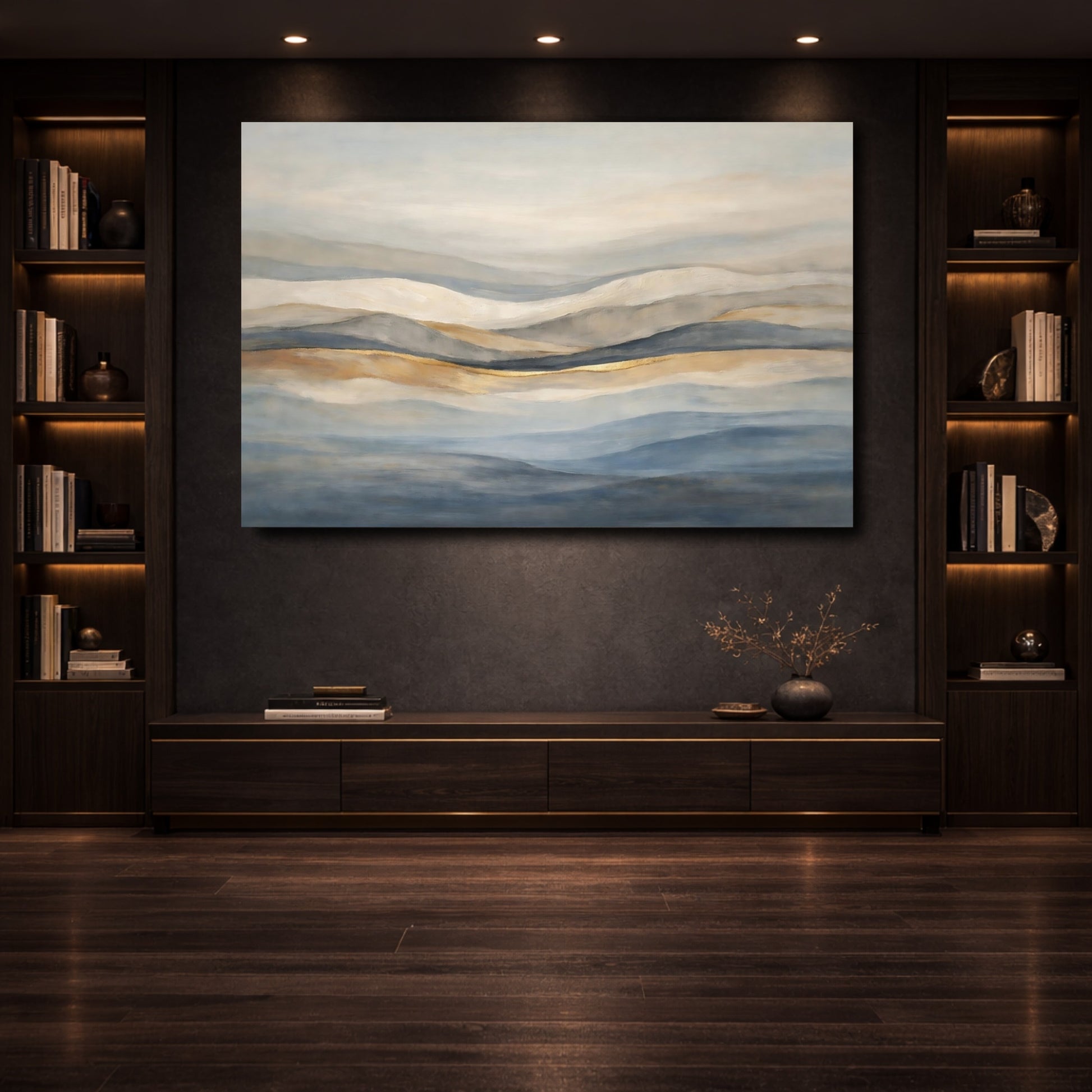 Mockup 3. Nature Abstract Landscape Blue Gold Abstract shown as stretched canvas wall art