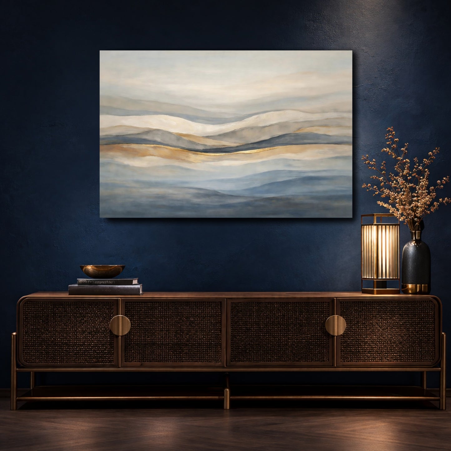 Mockup 4. Nature Abstract Landscape Blue Gold Abstract shown as stretched canvas wall art
