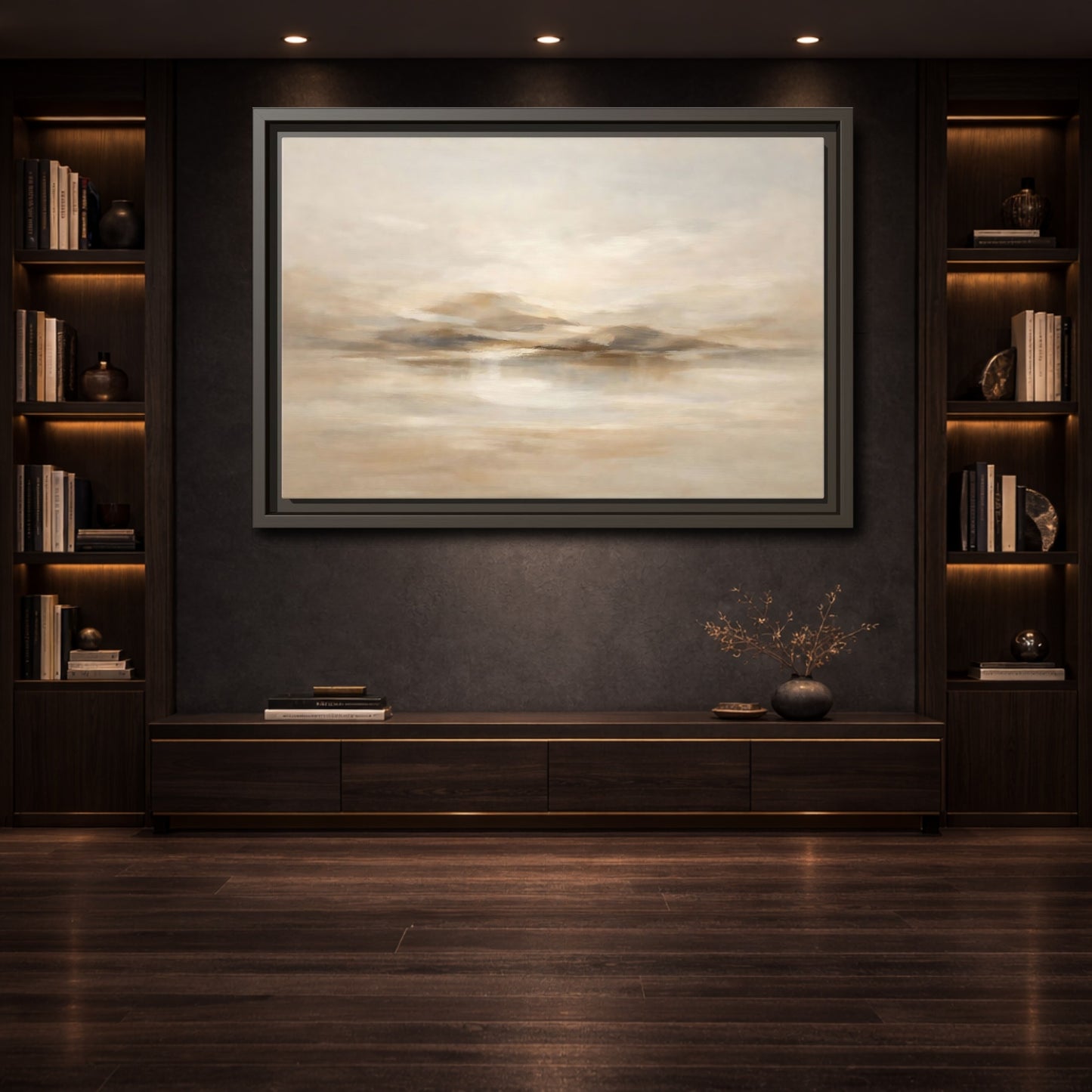 Mockup 3. Nature Abstract Landscape Brown And Beige shown as stretched canvas wall art