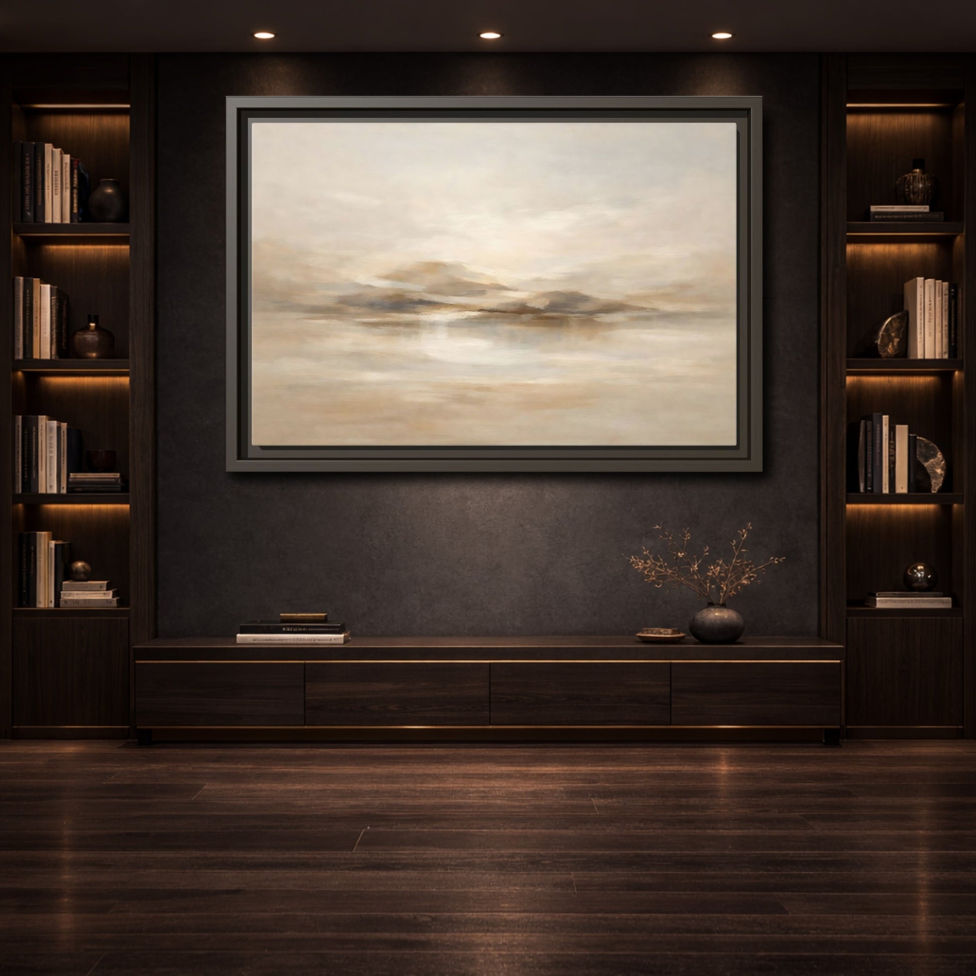 Mockup 3. Nature Abstract Landscape Brown And Beige shown as stretched canvas wall art