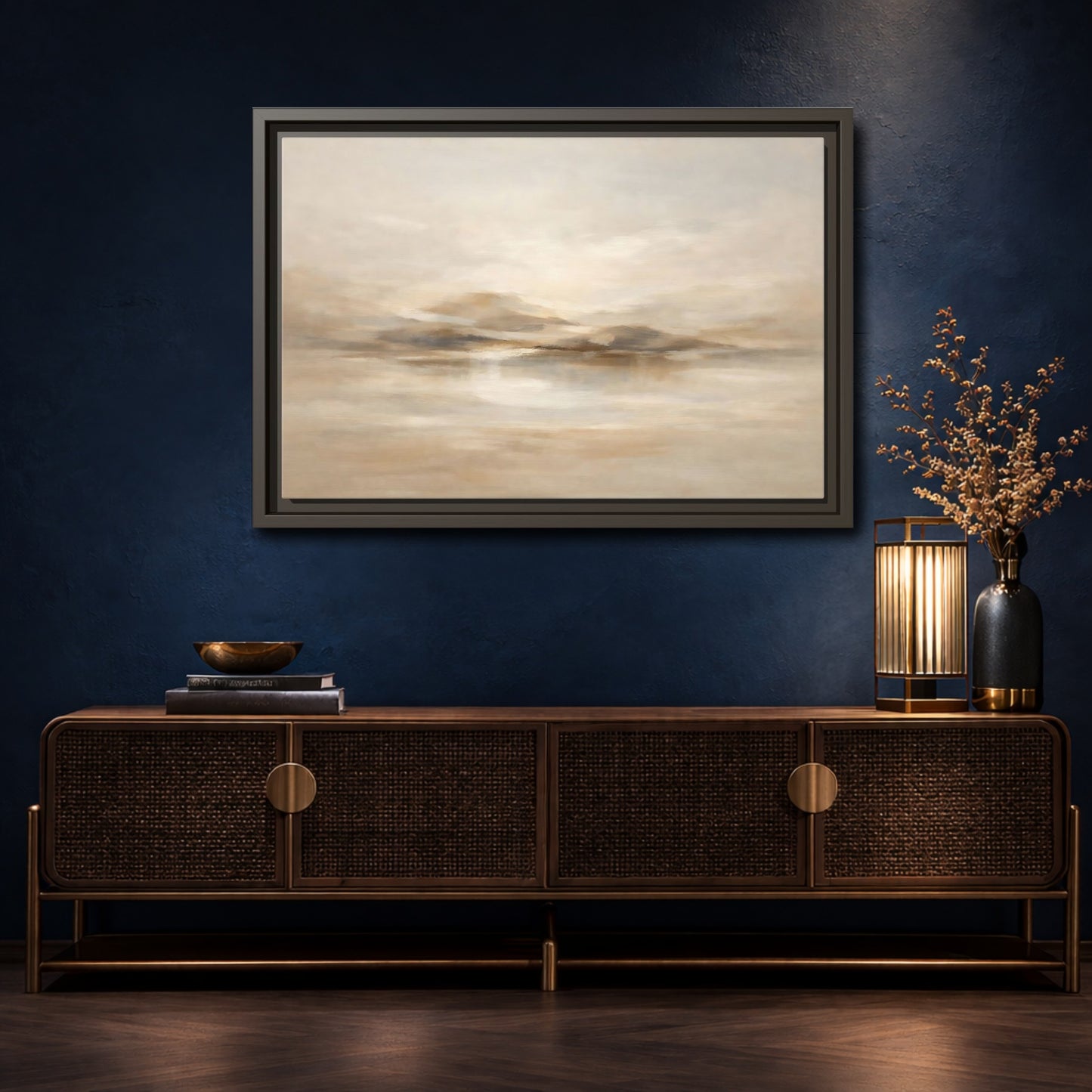 Mockup 4. Nature Abstract Landscape Brown And Beige shown as stretched canvas wall art