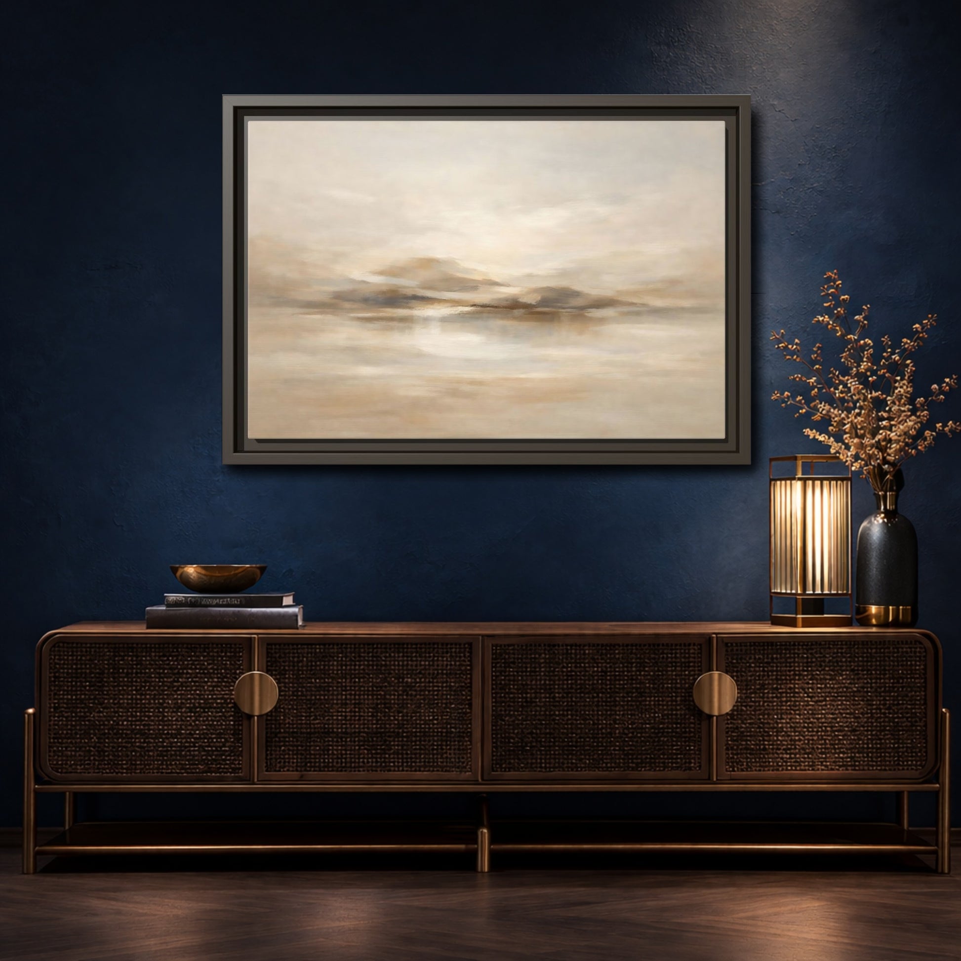 Mockup 4. Nature Abstract Landscape Brown And Beige shown as stretched canvas wall art